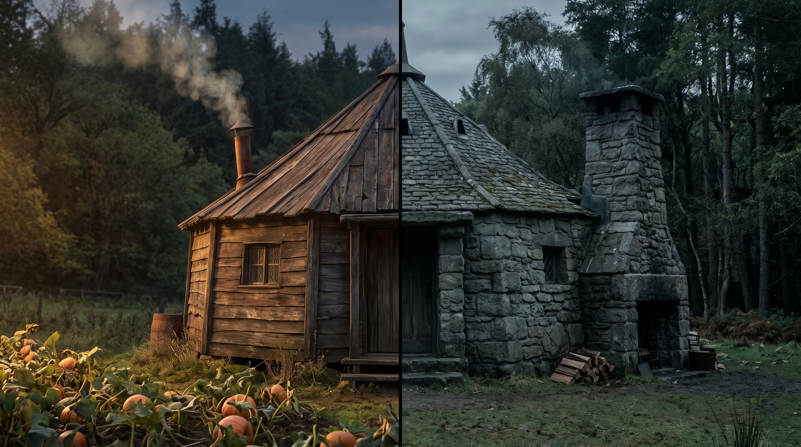 Concept art showing Hagrid's hut split vertically between its wooden book description and its stone movie version.