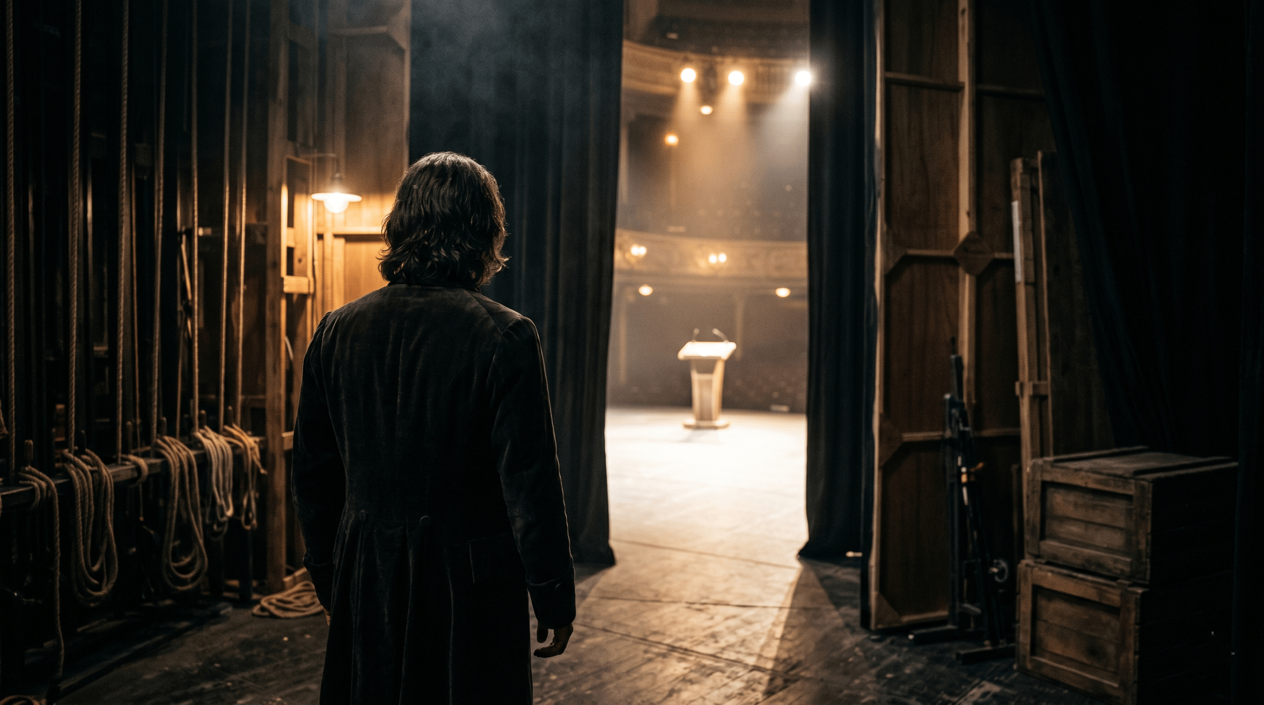 A dramatic pensive silhouette backstage of an actor resembling Alan Rickman as Snape, overlooking an awards stage.