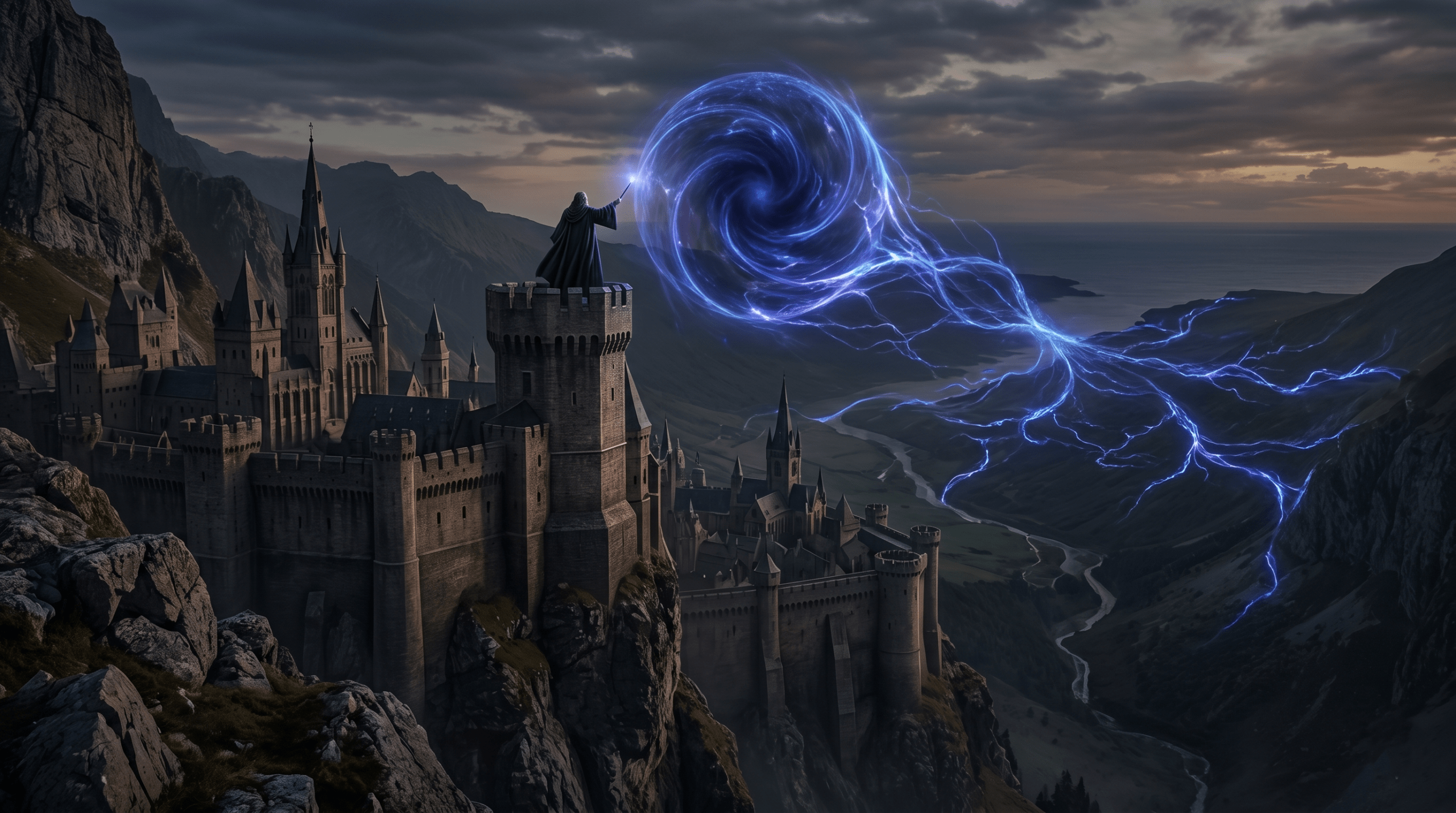 An epic 16:9 cinematic shot of Gellert Grindelwald on a tower, projecting powerful, global-scale dark magic over a wizarding city.