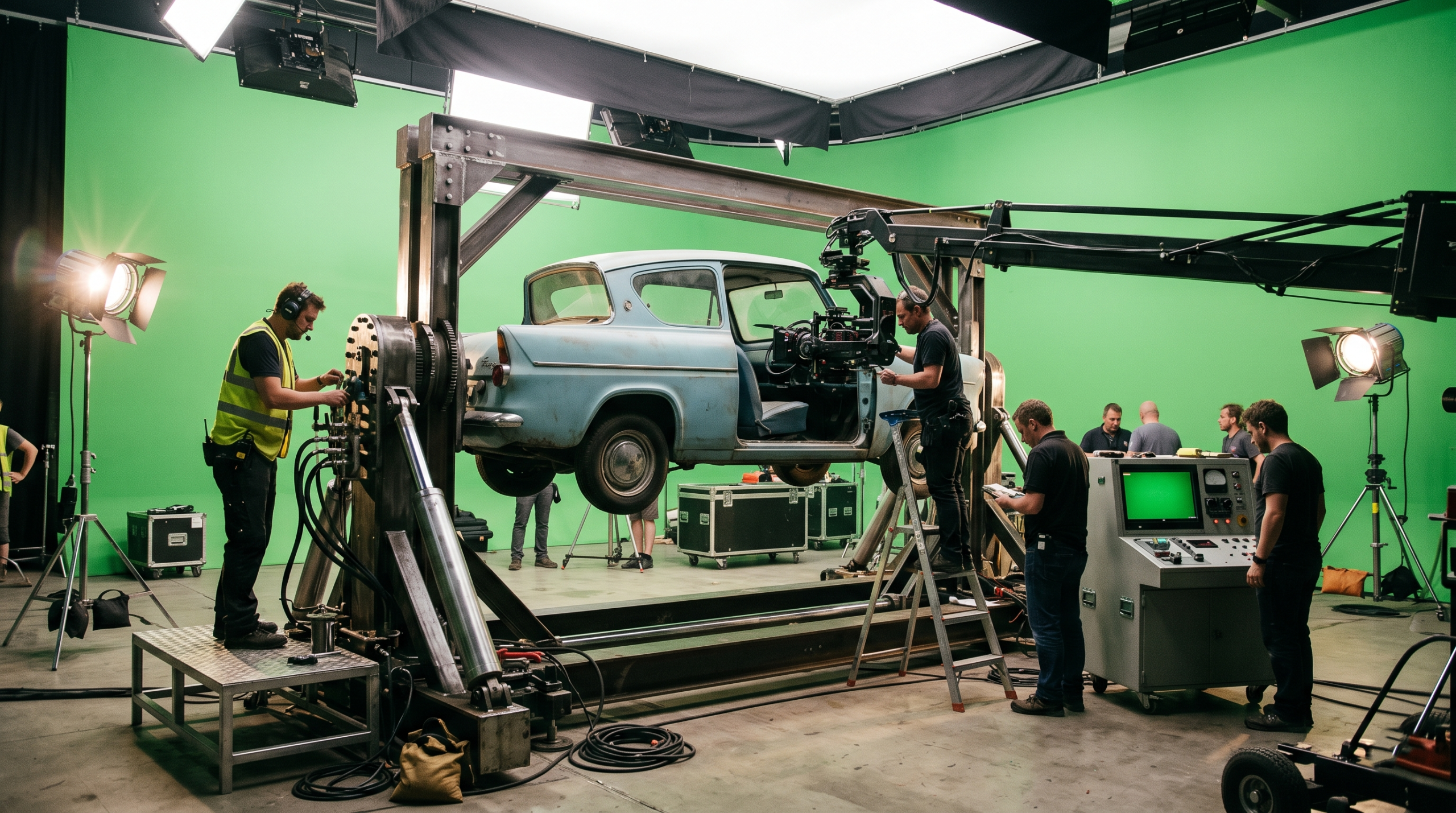 A special effects crew working on a prop Ford Anglia mounted on a flying gimbal rig against a green screen.