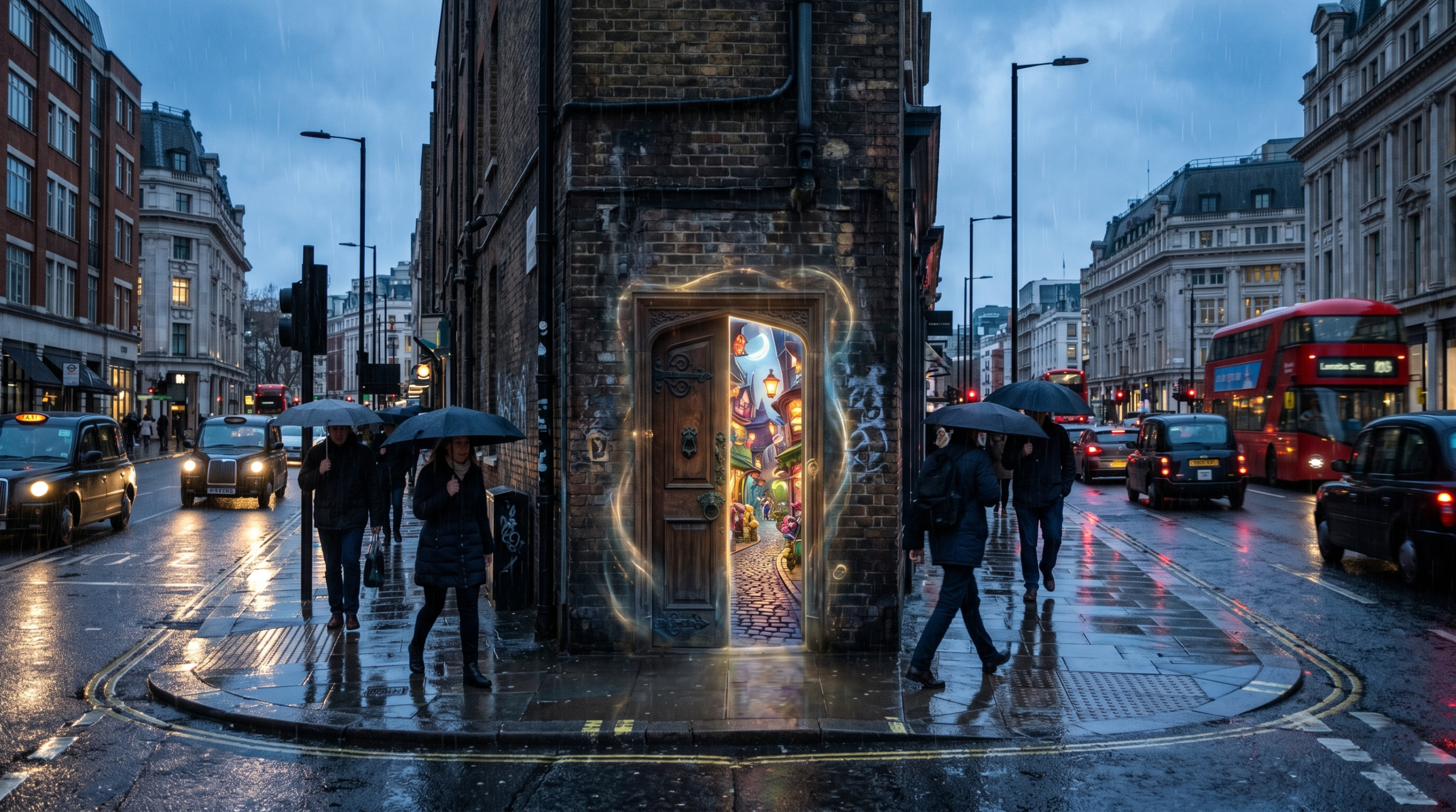 A glowing magical entrance hidden in a modern city street, illustrating urban fantasy hidden societies.
