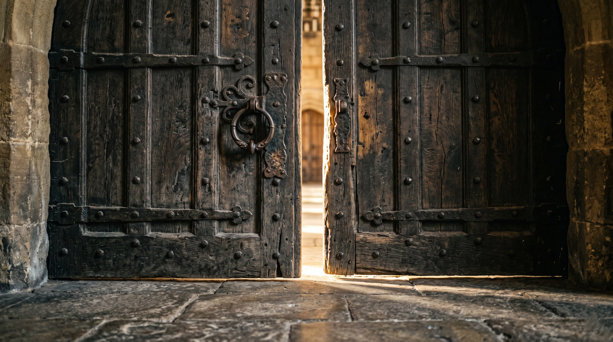 Close-up of the ancient wooden Great Hall doors at the Warner Bros. Studio Tour London.