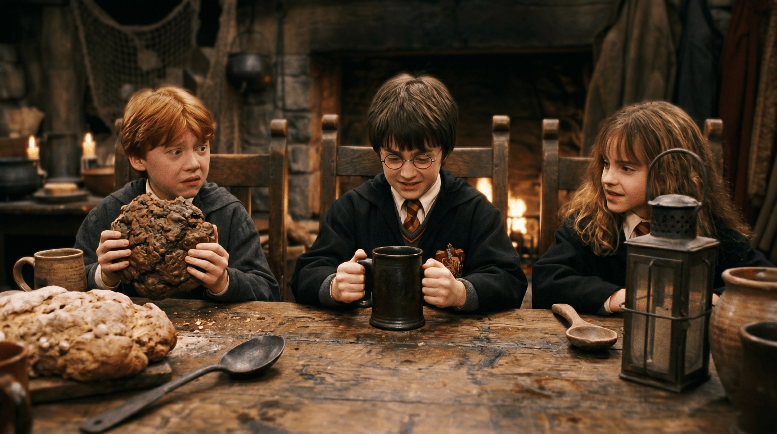Close-up of Harry, Ron, and Hermione struggling with oversized mugs and food inside the Hagrid's hut movie set.