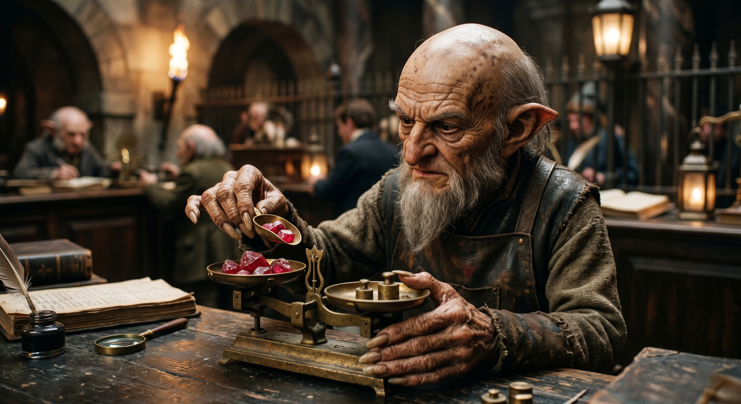 A detailed close-up shot visualizing the distinct physiological traits of a Gringotts goblin examining rubies, including long fingers and pointed beard.