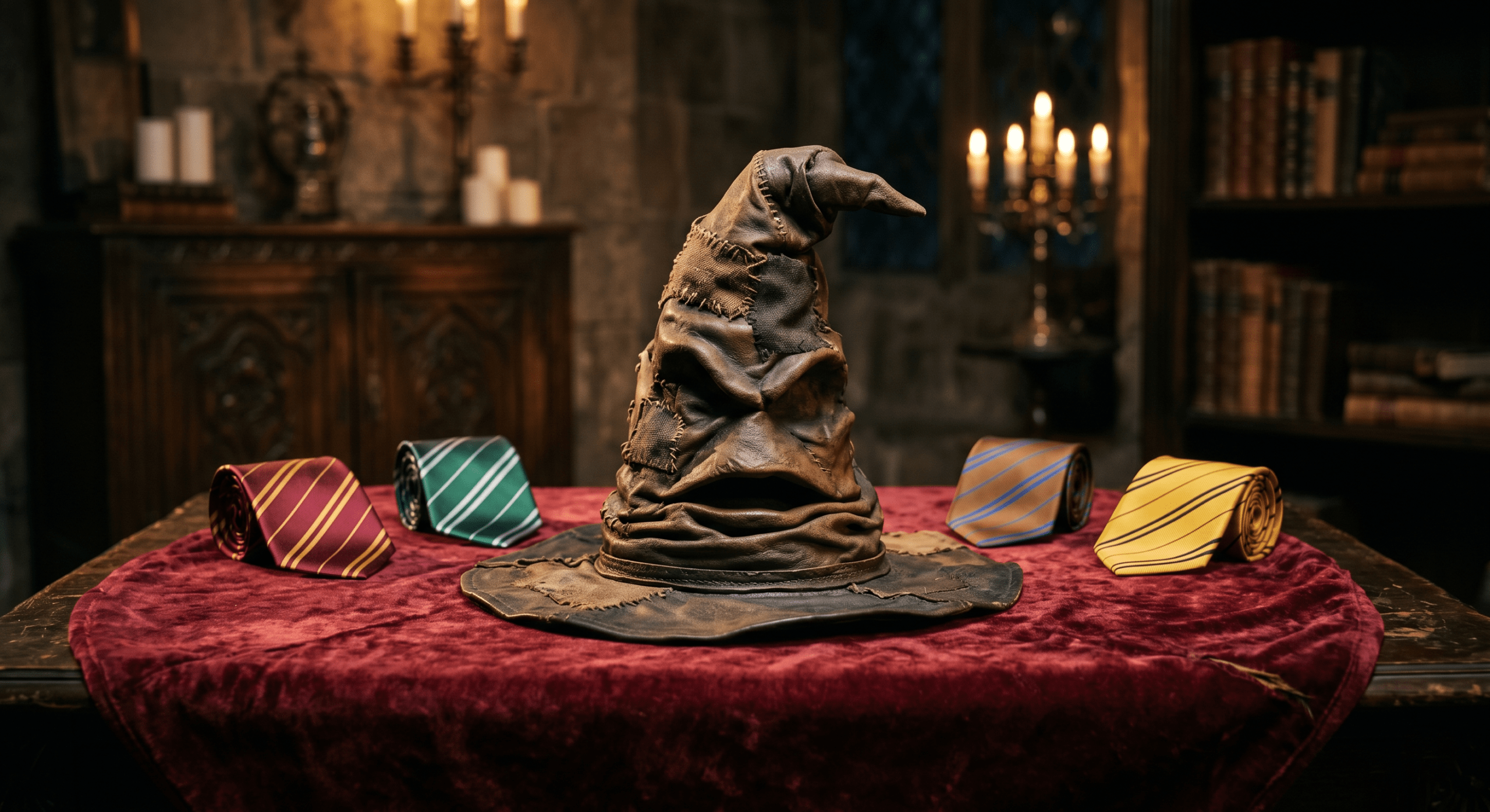 An elegant illustration of the Hogwarts Sorting Hat centered on a table surrounded by four folded house ties representing Gryffindor, Slytherin, Ravenclaw, and Hufflepuff.