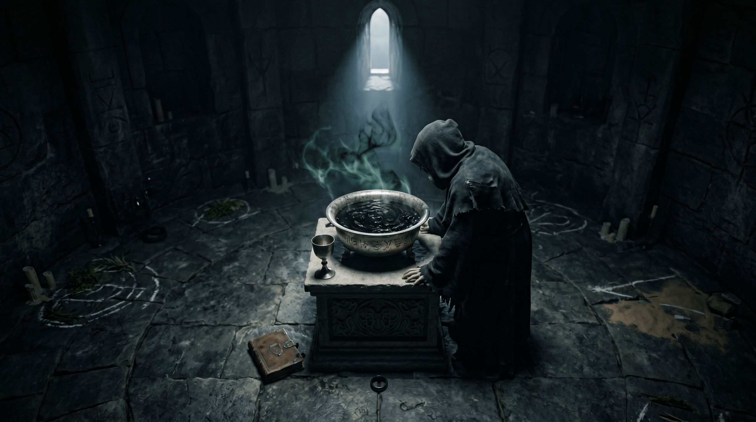 A dark wizard performs a ritual to create a Horcrux, leaning over a basin filled with dark, soul-like energy.