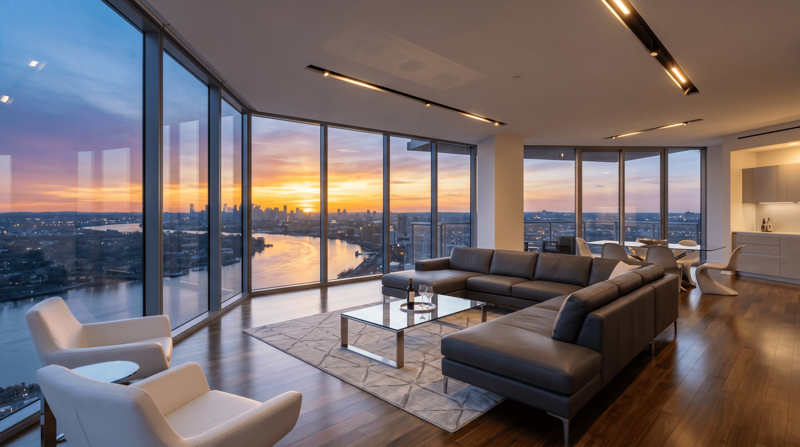 Modern luxury Manhattan condo living room featuring floor-to-ceiling windows and a sunset river view.