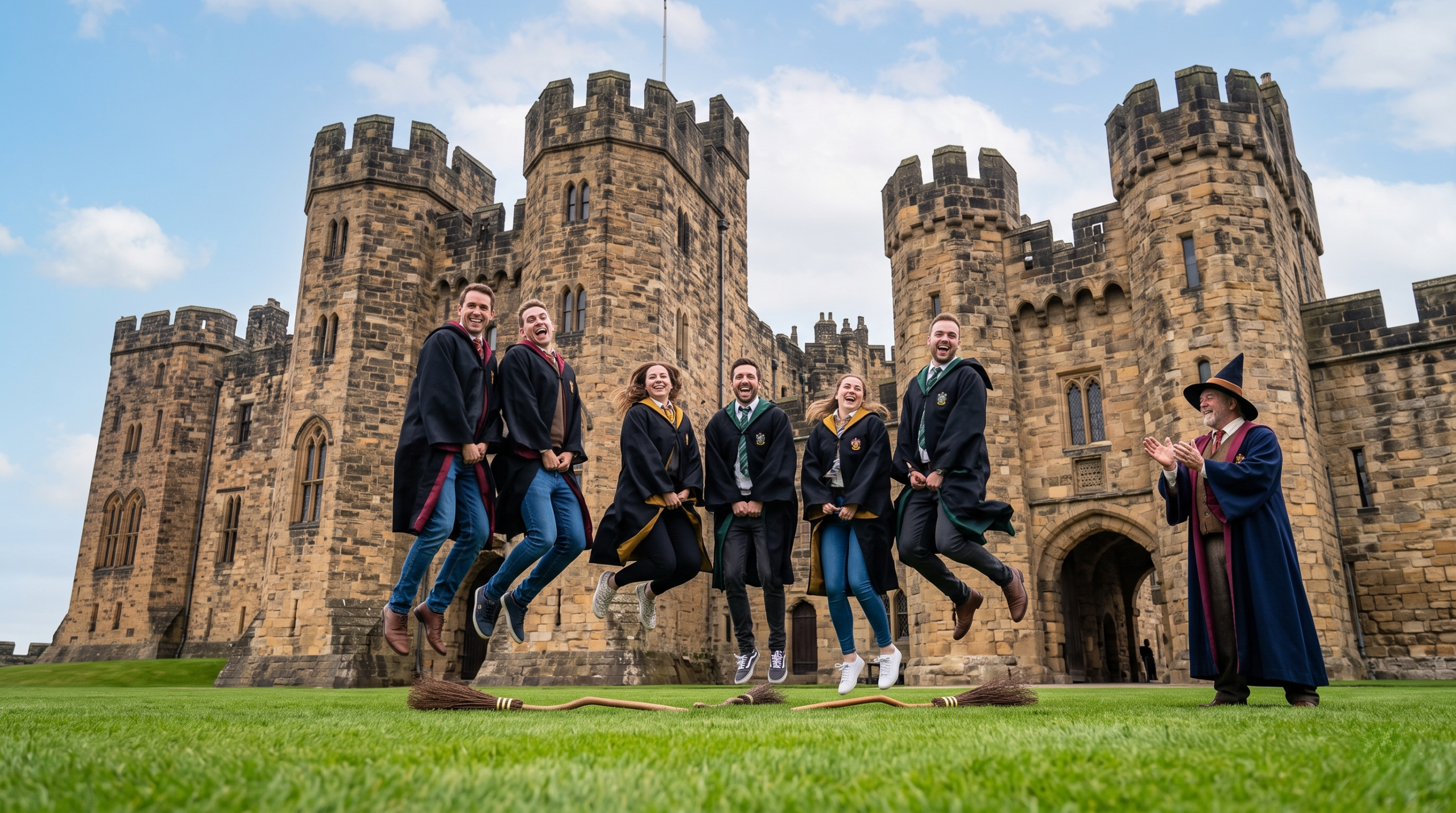 Harry Potter fans in modern clothes wearing wizard robes actively practicing broomstick training and jumping on the grass at Alnwick Castle with instructors.