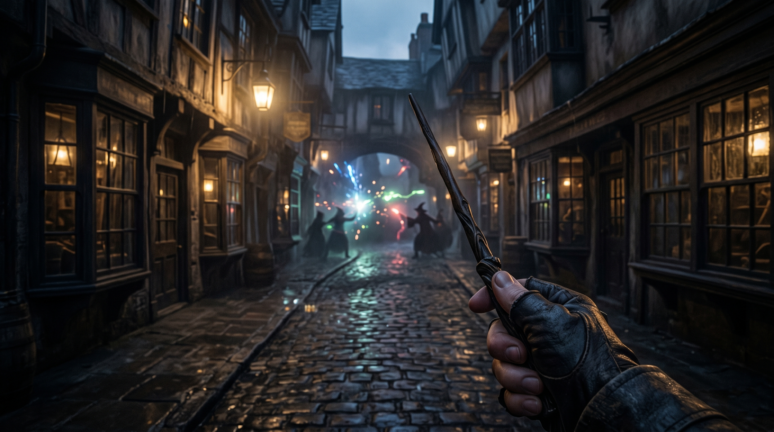 An immersive POV shot of a wizard holding a wand, facing a difficult magical choice or crisis.