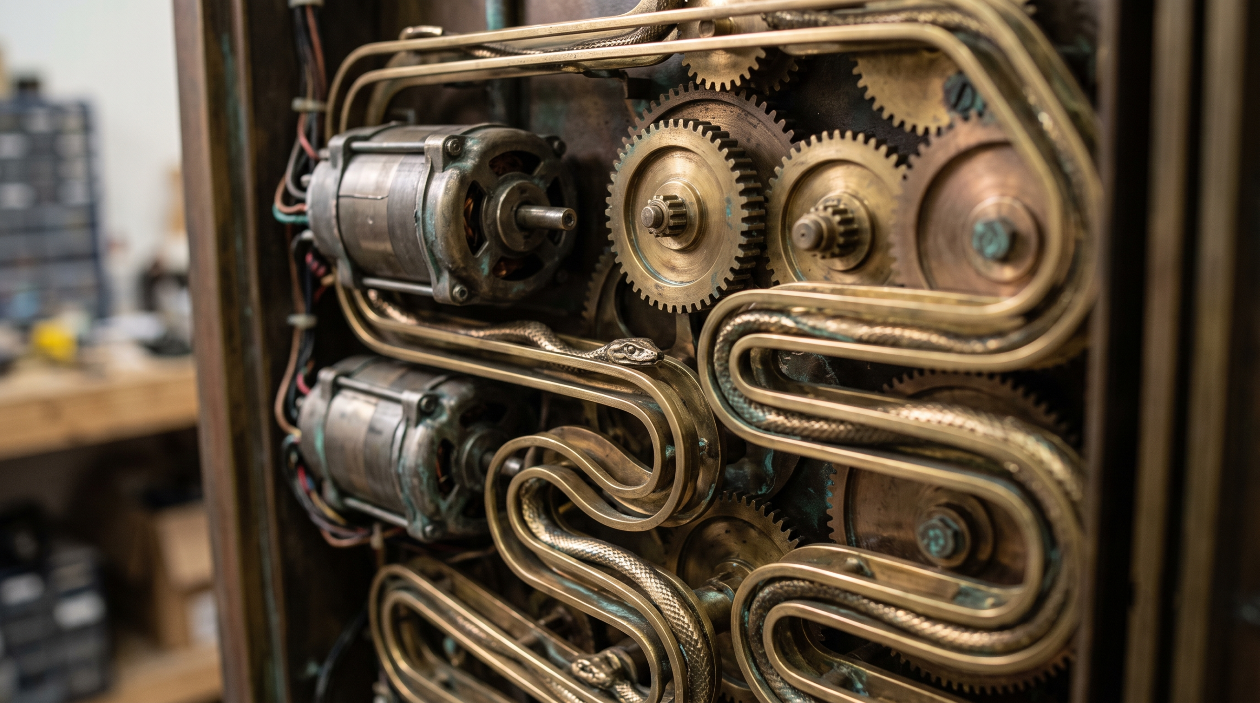 Detailed close-up of the functional practical mechanical prop mechanism and gears of the Chamber of Secrets door.