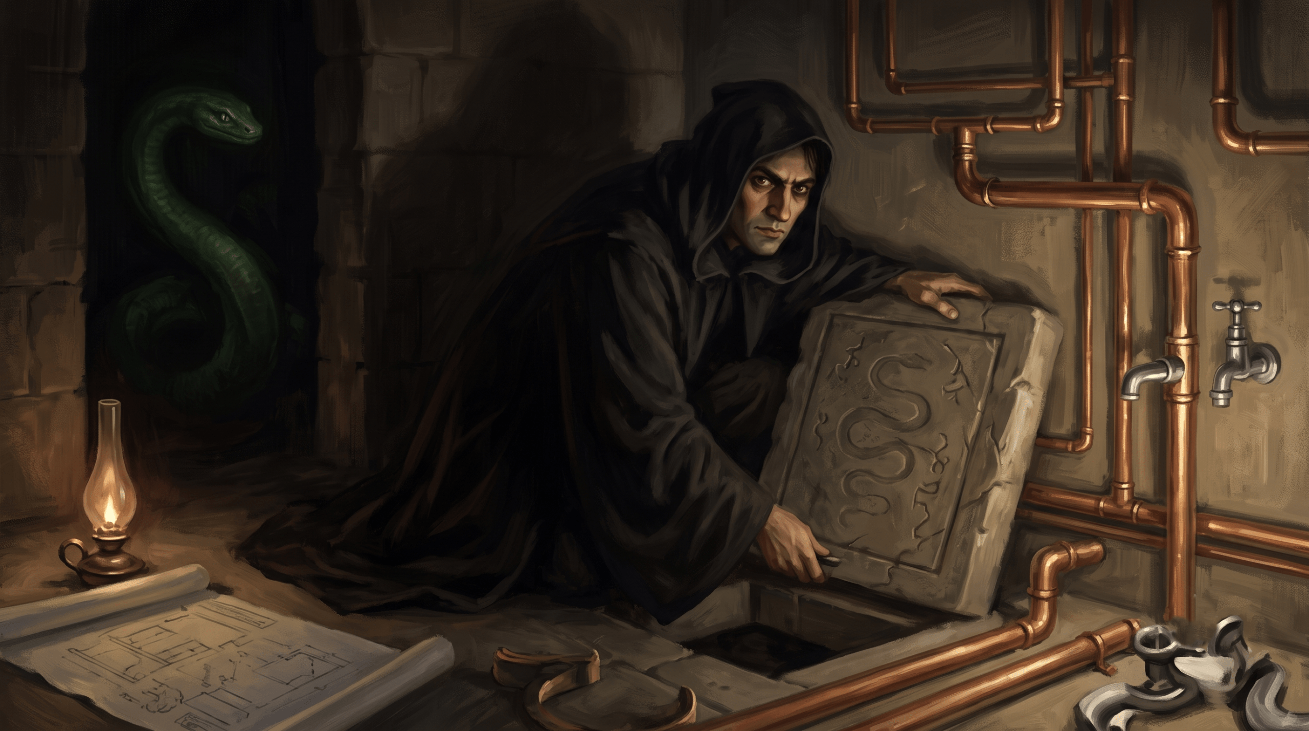 Conceptual illustration showing Corvinus Gaunt hiding the Chamber of Secrets trapdoor during 18th-century plumbing installation at Hogwarts.