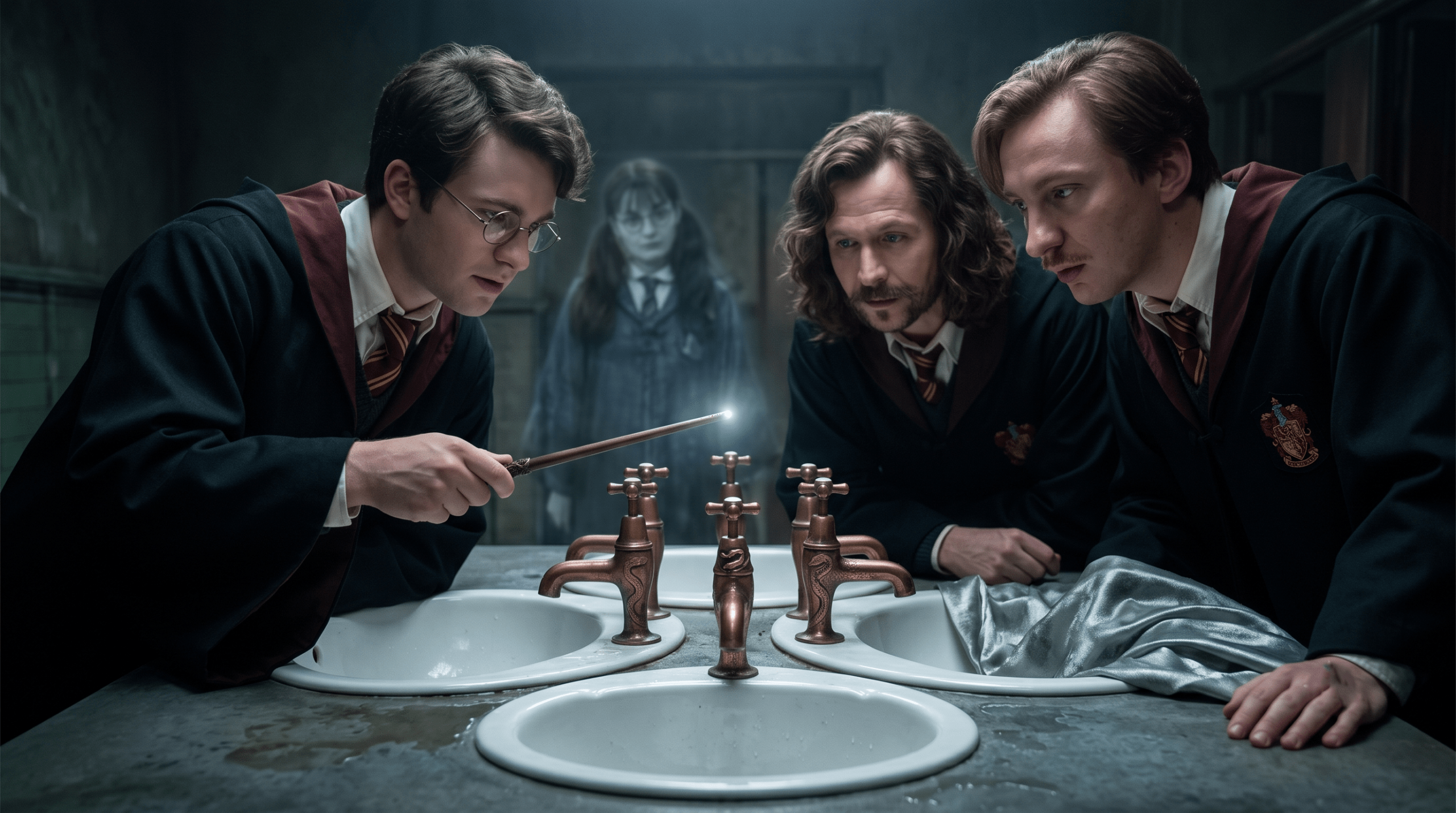 Conceptual view of the young Marauders (James Potter, Sirius Black, Remus Lupin) investigating the hidden Chamber entrance in Moaning Myrtle's bathroom.