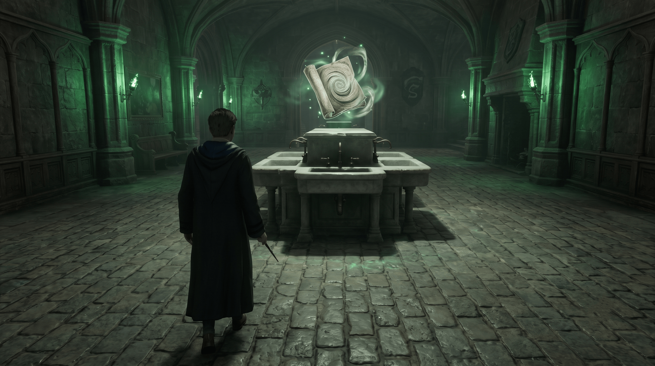 Character in Hogwarts Legacy discovering the glowing Field Guide page Easter egg for the Chamber of Secrets sink entrance.