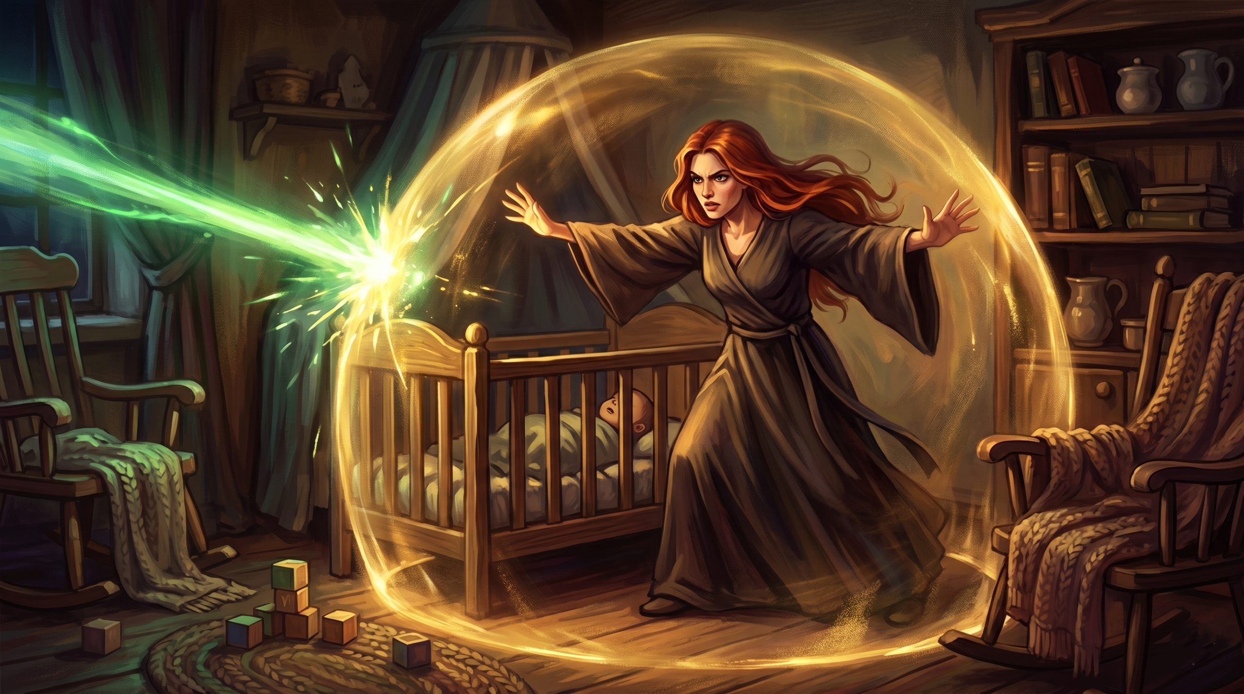 Lily Potter shielding baby Harry with magical sacrificial protection from a green death spell beam.