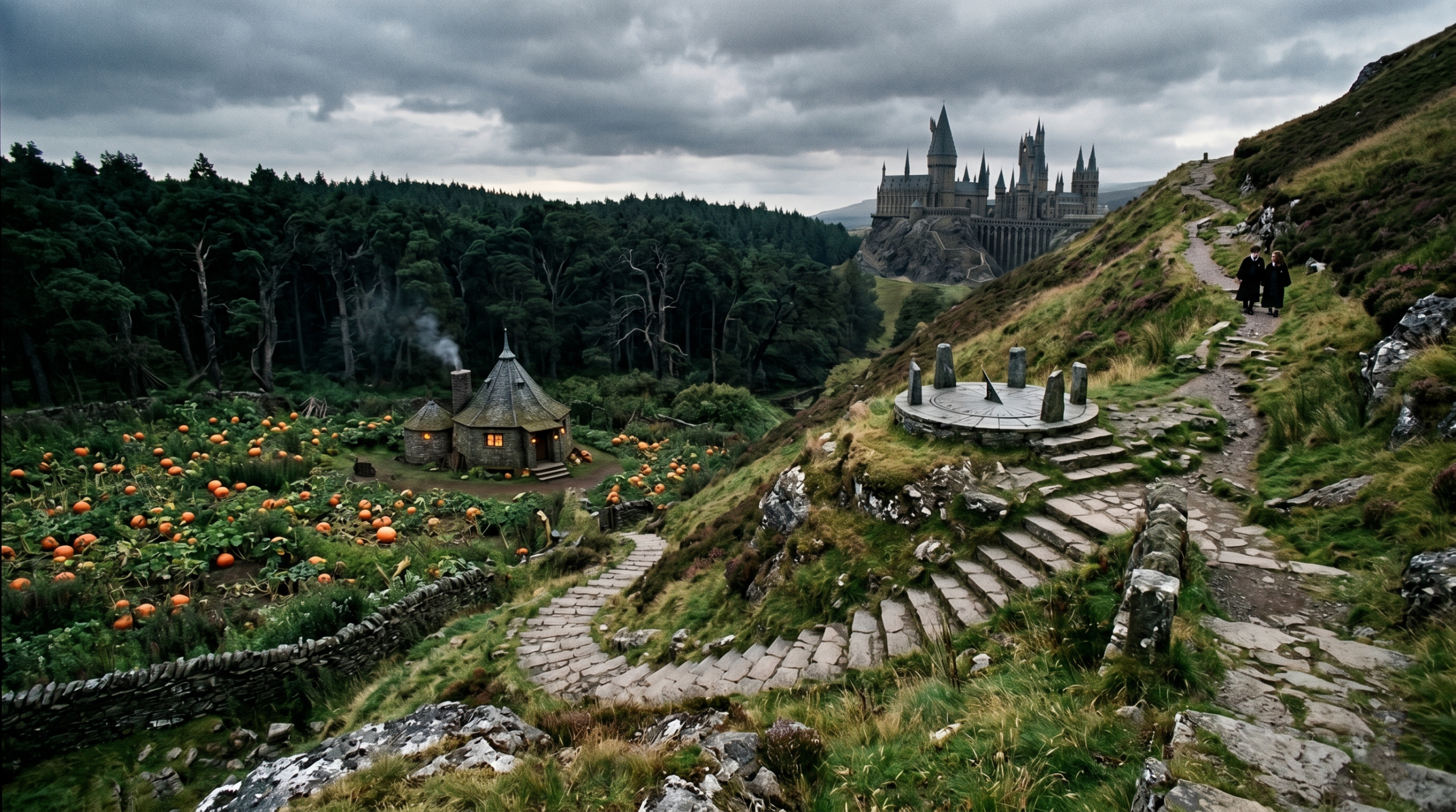 View from the Hogwarts hills looking down the steep slope leading to Hagrid's hut and pumpkin patch in Prisoner of Azkaban.