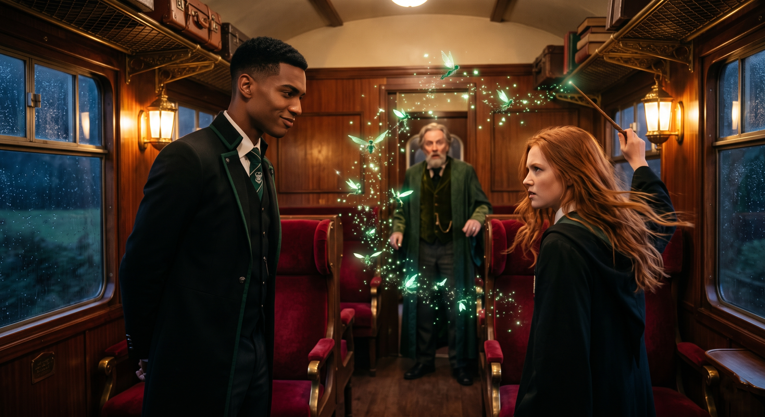Defiant Ginny Weasley casting a Bat-Bogey Hex at Blaise Zabini in a tense Hogwarts Express compartment.