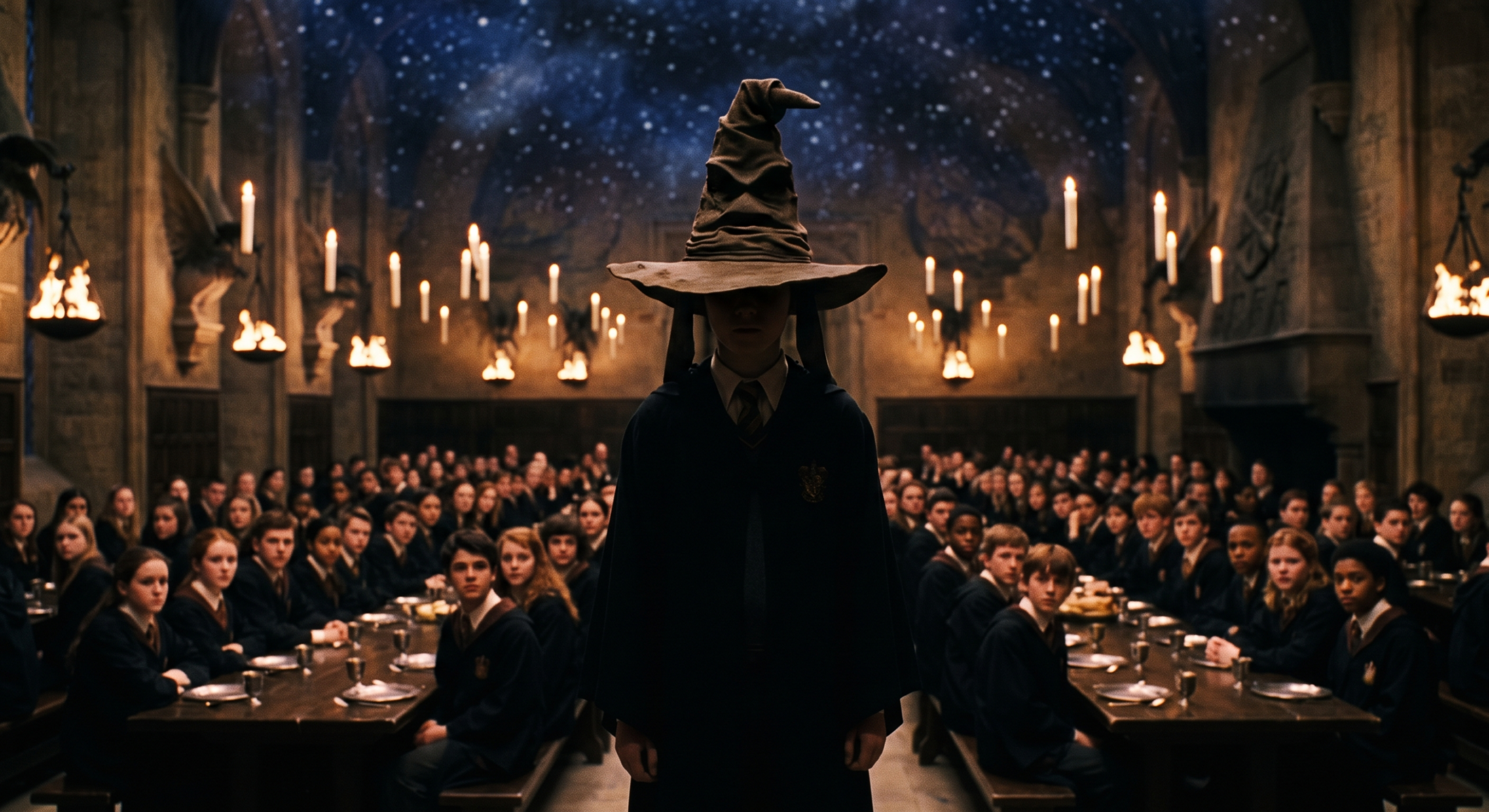 The shadowed sorting of Blaise Zabini in the Hogwarts Great Hall, emphasizing early character ambiguity.