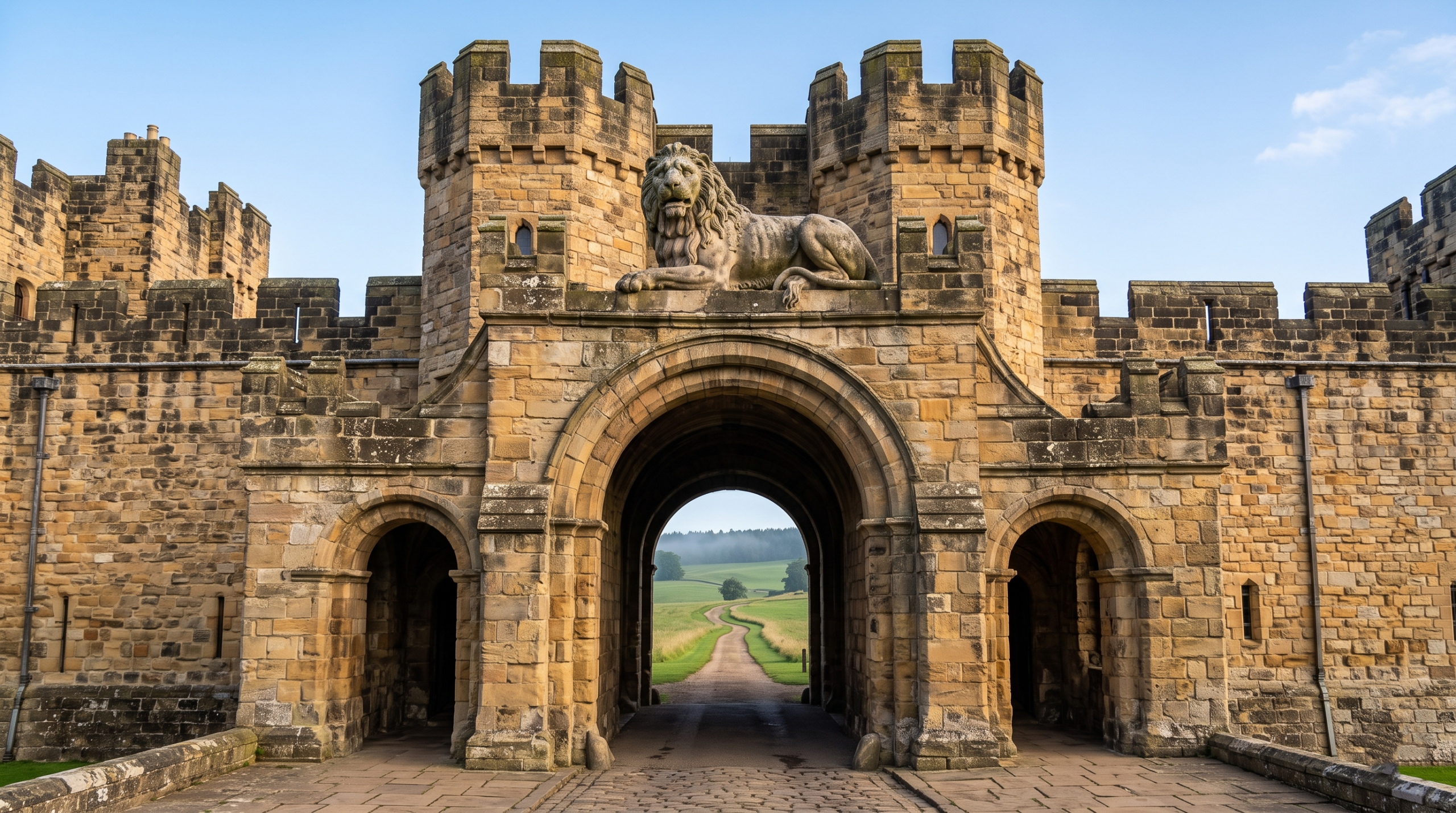 The monumental stone Lion Arch at Alnwick Castle, with the Percy lion crest, leading toward the grounds and countryside path used in the Harry Potter films.