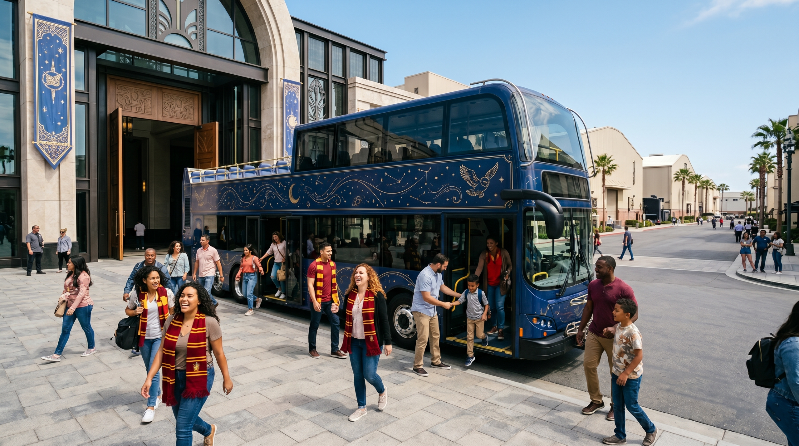 Branded double-decker bus arriving at the Warner Bros. Studio Tour London entrance.