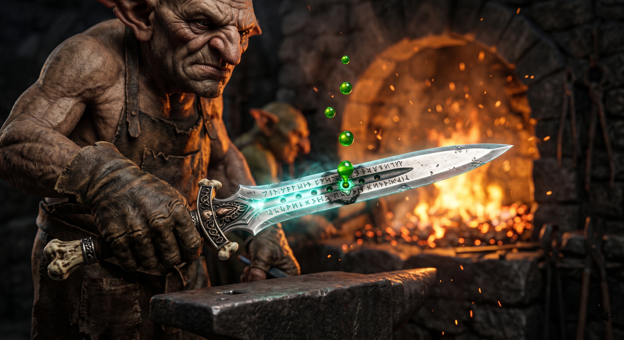 A detailed macro shot illustrating the unique property of goblin-wrought silver absorbing a deadly green liquid to increase its strength.