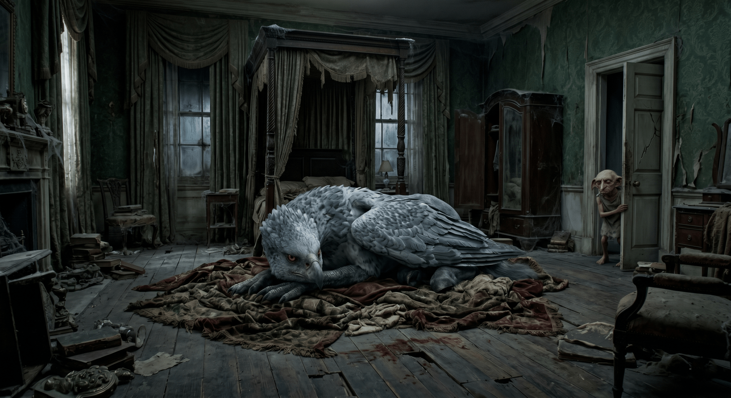 A dark interior image of Buckbeak lying in a dusty, dilapidated bedroom inside 12 Grimmauld Place.