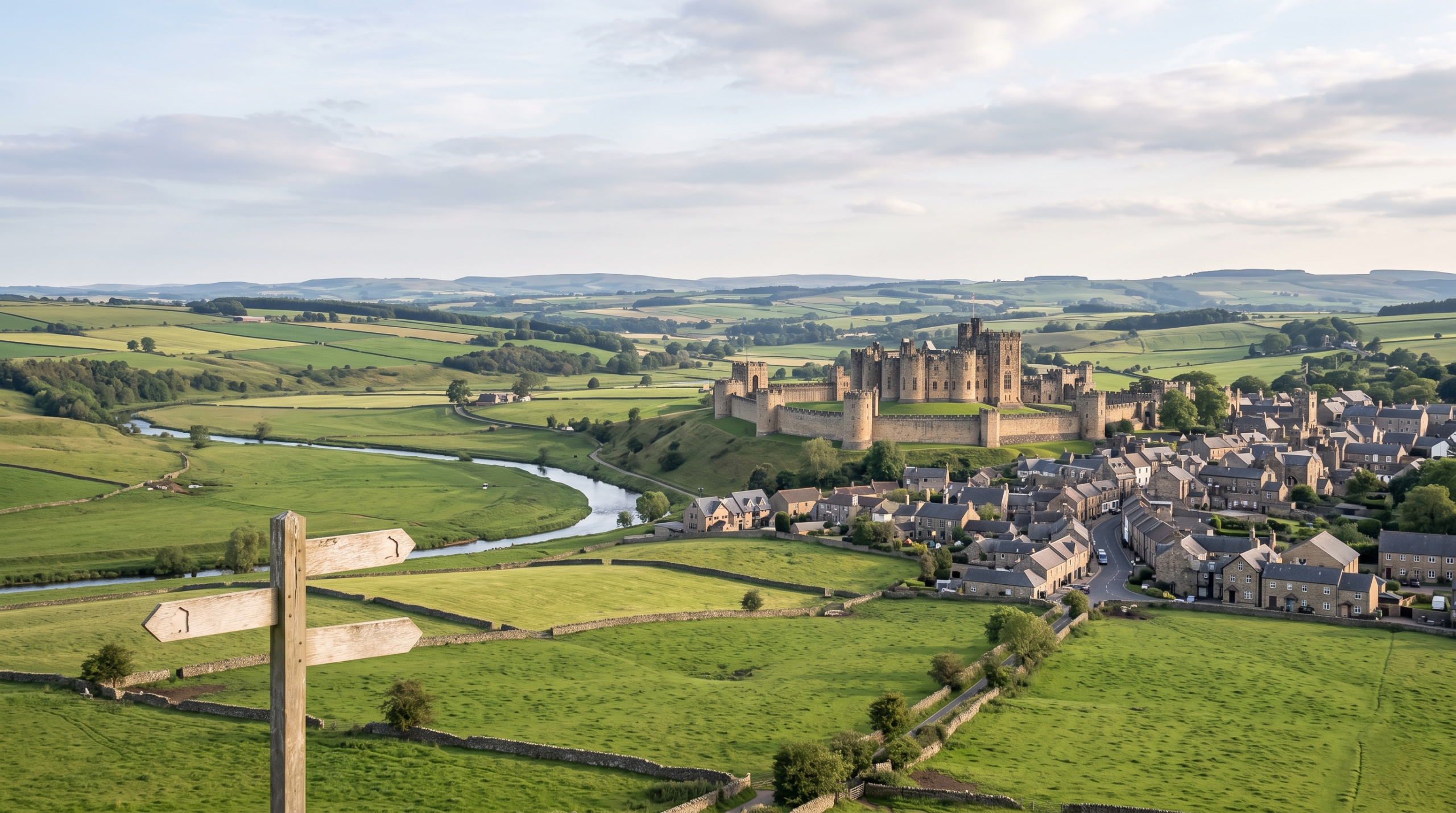 A panoramic landscape view establishing Alnwick Castle on a hill overlooking the market town of Alnwick and the rolling Northumberland countryside.