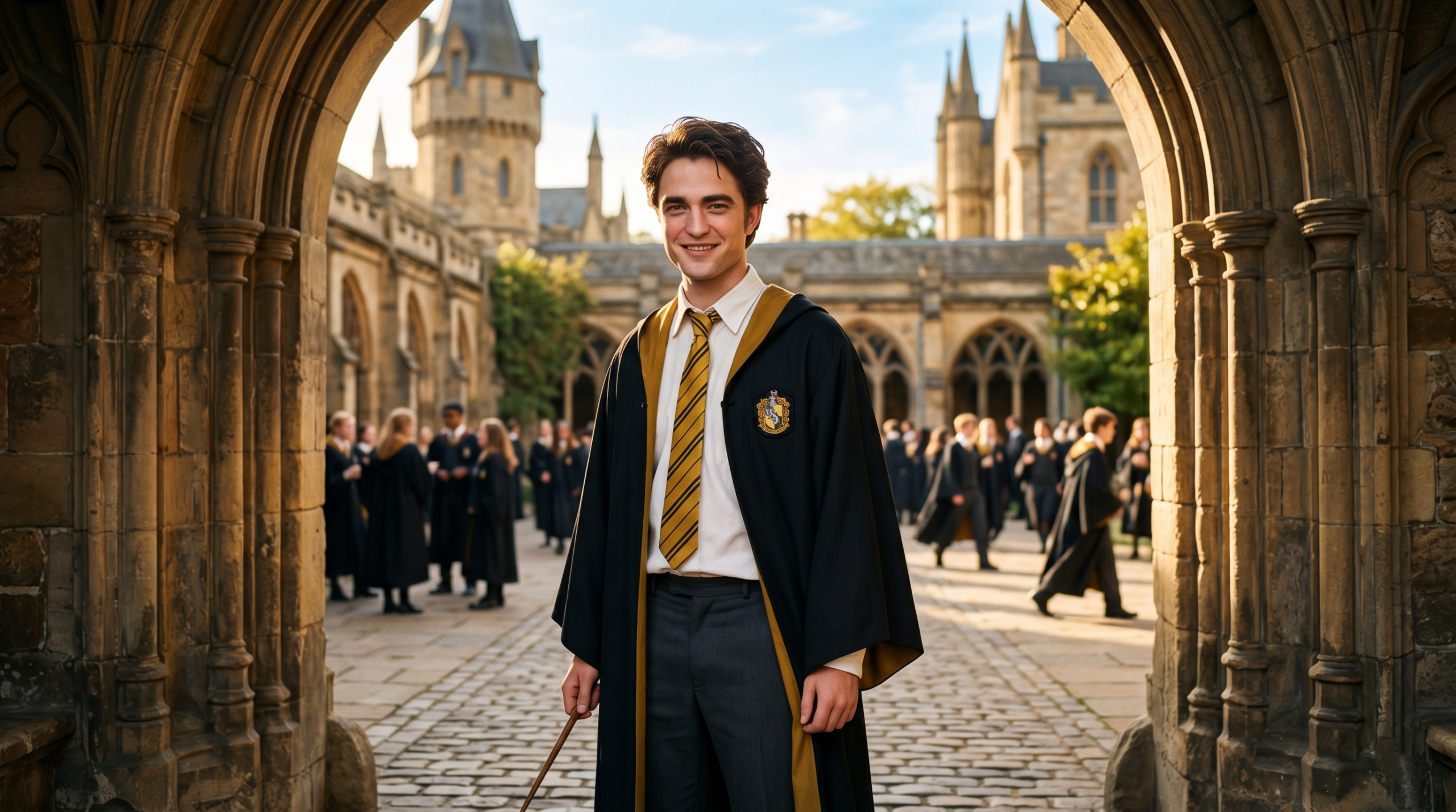 Hogwarts student Cedric Diggory in a Hufflepuff uniform standing modestly in a sunny castle courtyard.
