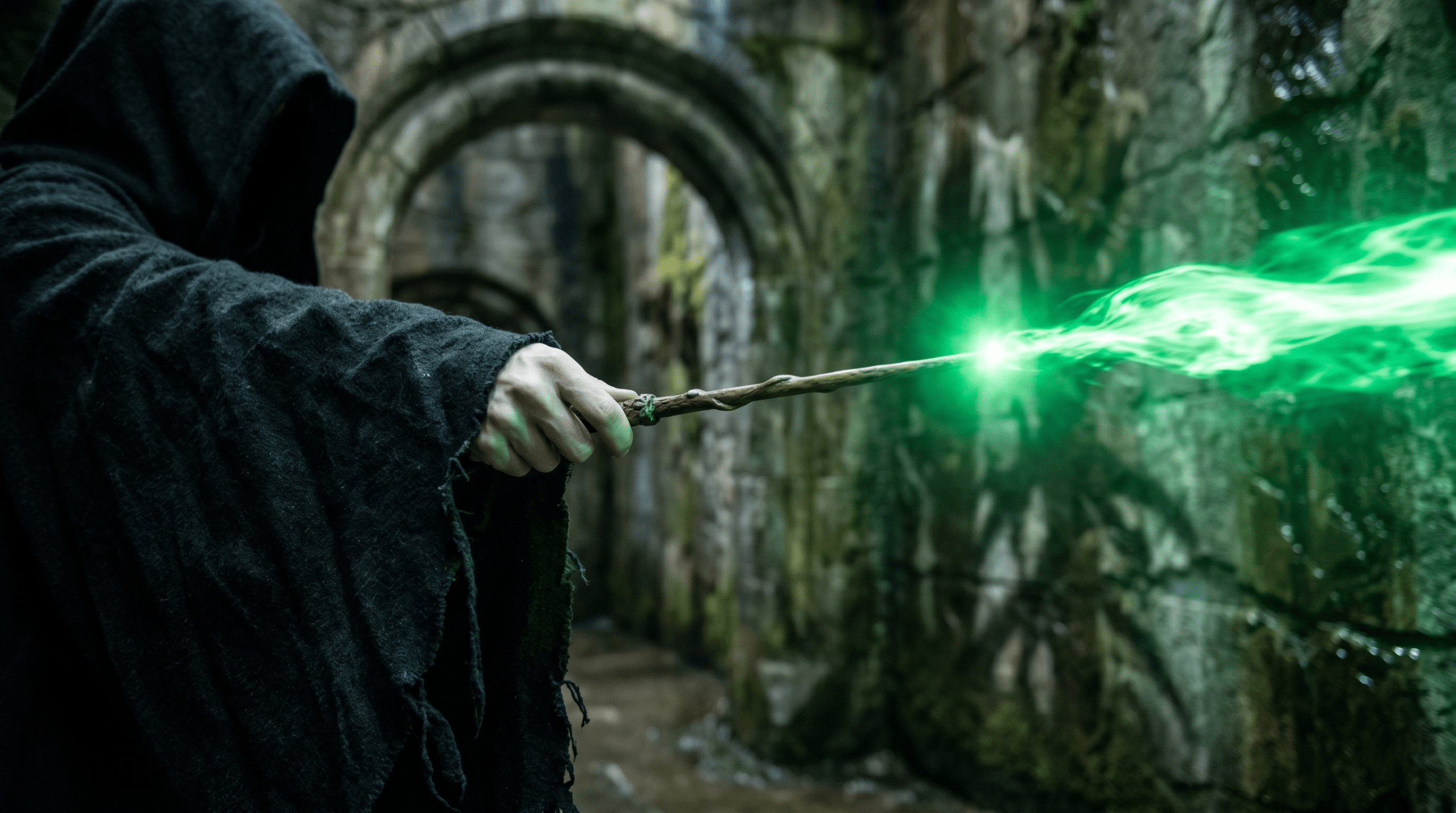 Wizard casting the powerful emerald-green Avada Kedavra Killing Curse spell.