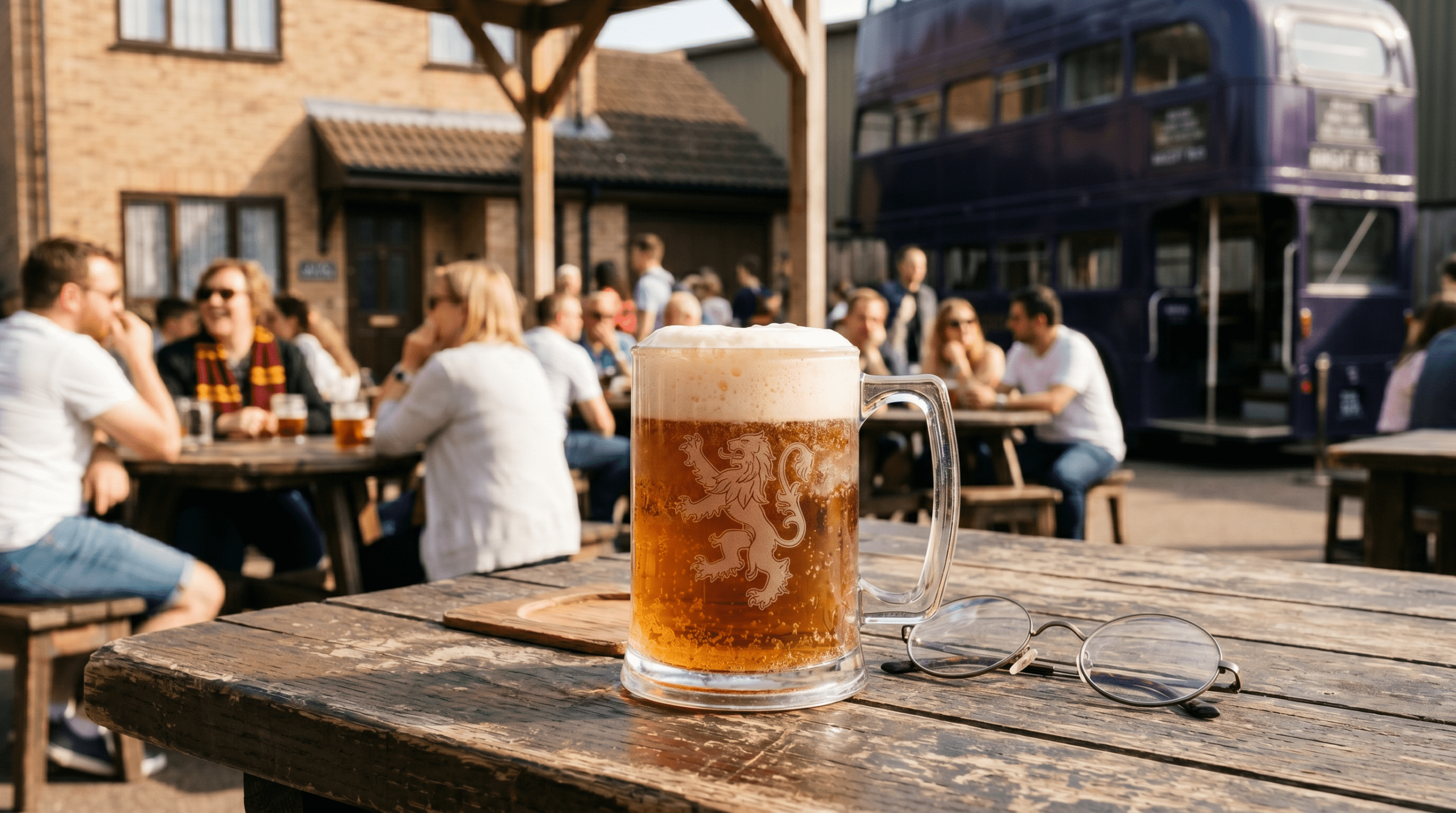 Travelers enjoying Butterbeer at the outdoor Backlot area of the Studio Tour.