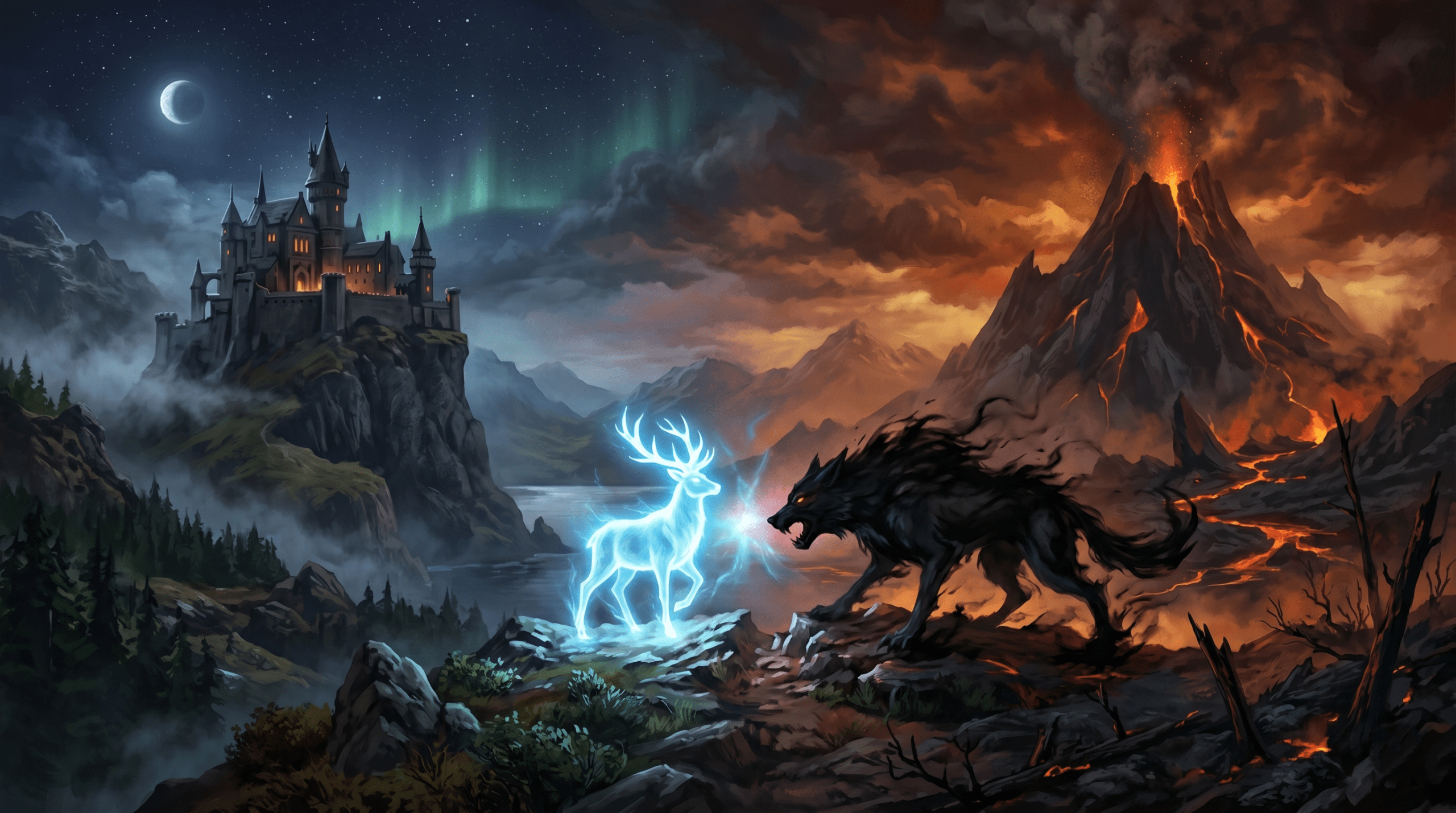 Concept art showing a magical stag Patronus facing a dark fantasy shadow wolf, representing the competition between Harry Potter and Lord of the Rings at the Oscars.