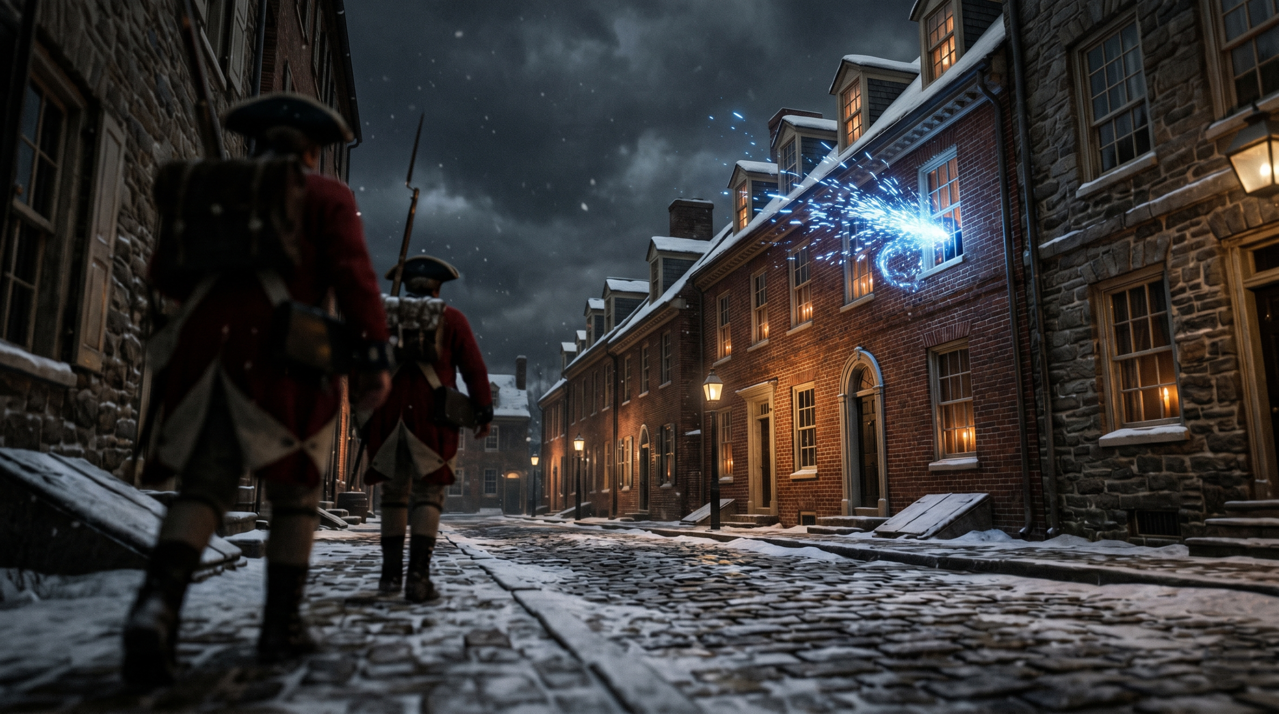 Winter 1776 Baltimore street scene showcasing the tension between the secret wizarding community and the arriving No-Maj Continental Congress.