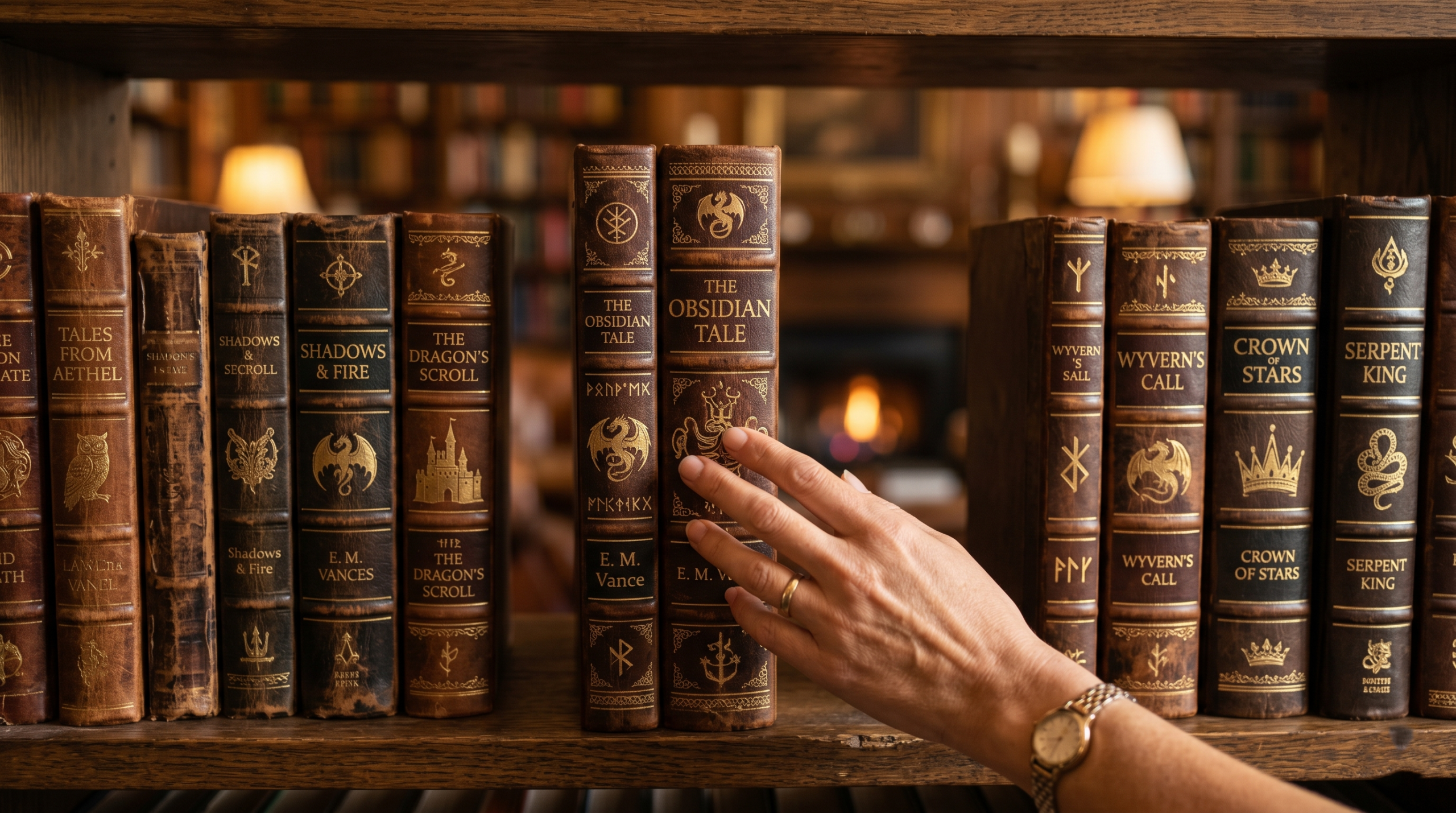 An adult hand reaching for a dark fantasy novel on a bookshelf, choosing a new magical read.