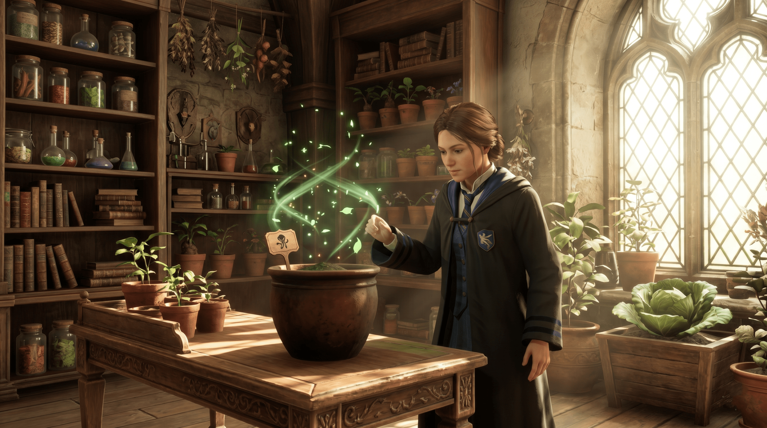 A wizard student character inside the Room of Requirement setting up a large potting table spellcraft to grow a Venomous Tentacula seed.