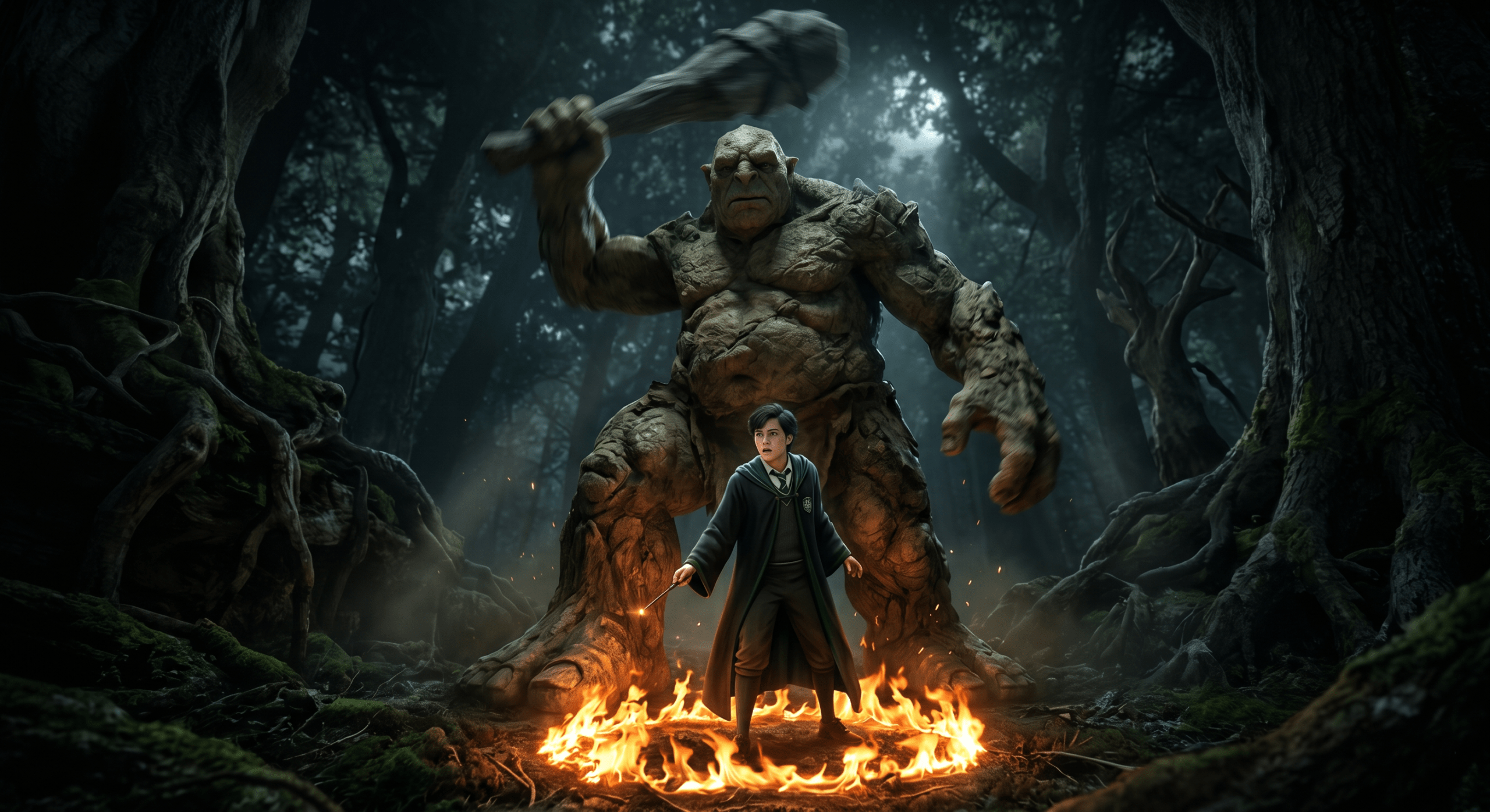 A Hogwarts Legacy player casting the upgraded Incendio fire ring too close to a massive, unimpressed forest troll.