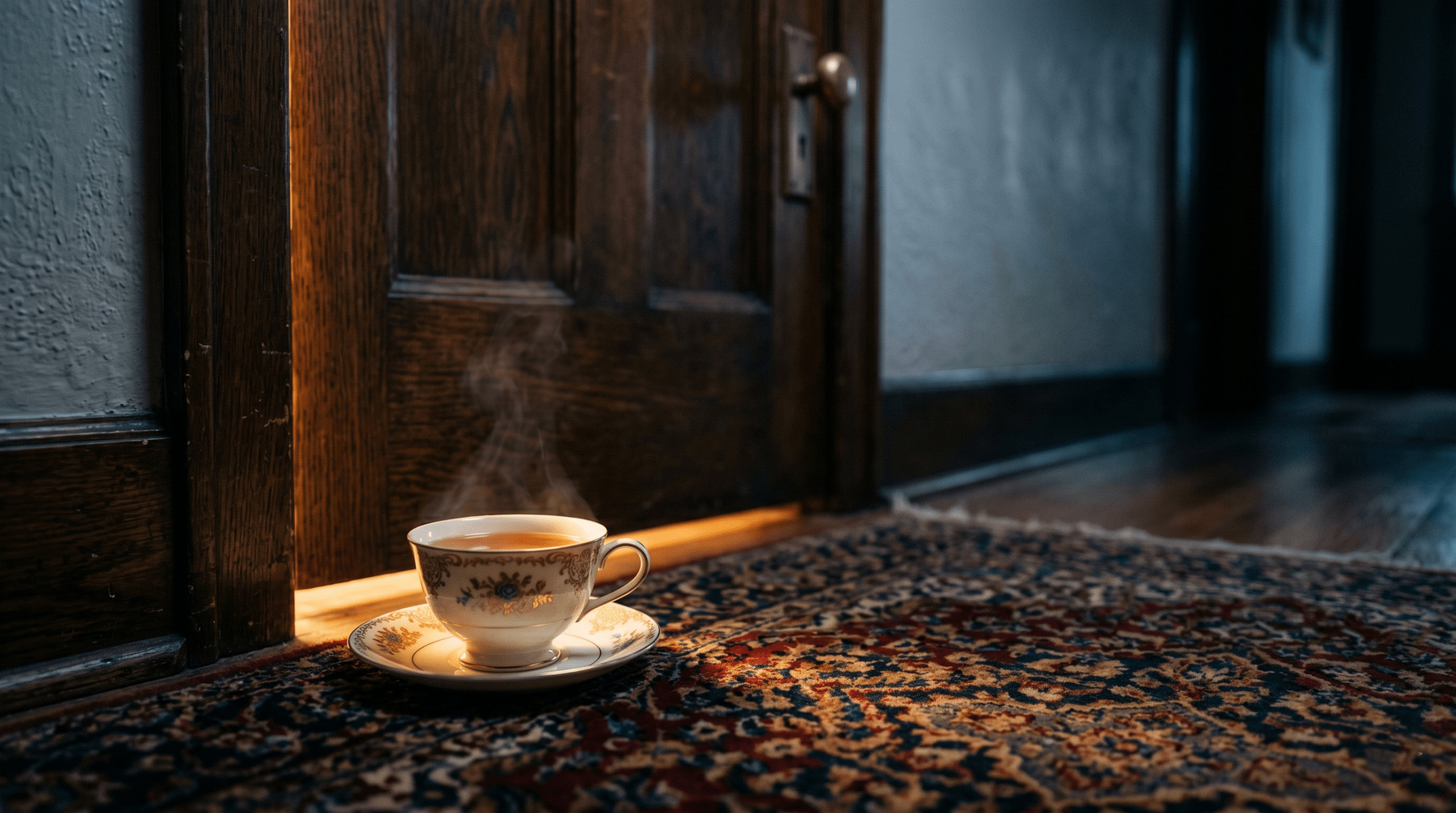 A single steaming teacup left as a peace offering outside Harry Potter's bedroom door.