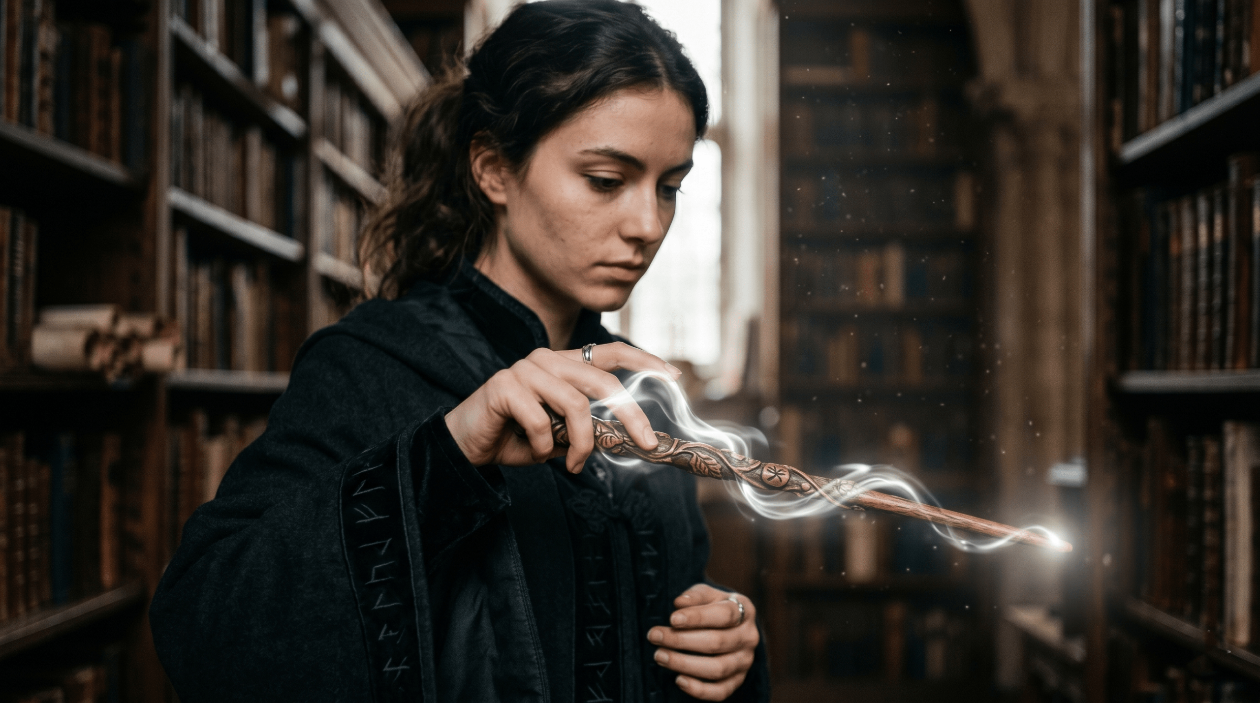 A wizard holding a glowing wooden wand, illustrating the unique, semi-sentient connection and bond between a magical user and their instrument.
