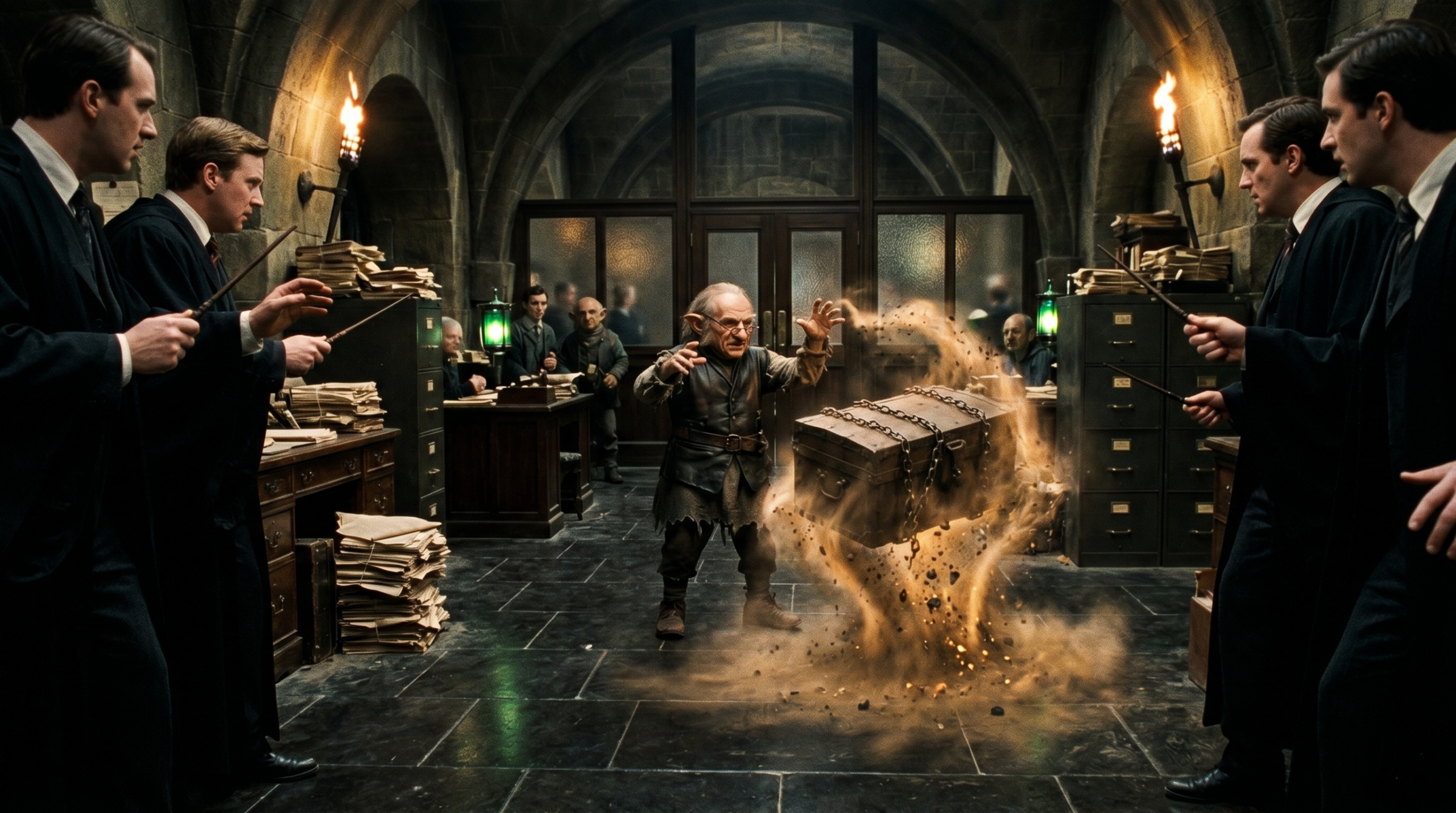 A scene capturing a goblin performing wandless magic while wizards look on with apprehension, illustrating the fear behind the Wand Ban.