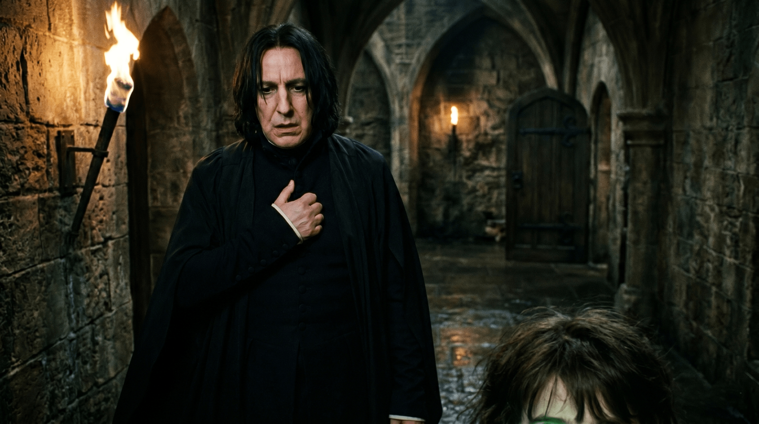 Deep lore fanfiction analysis scene of Severus Snape facing a female Harry Potter with Lily's eyes.