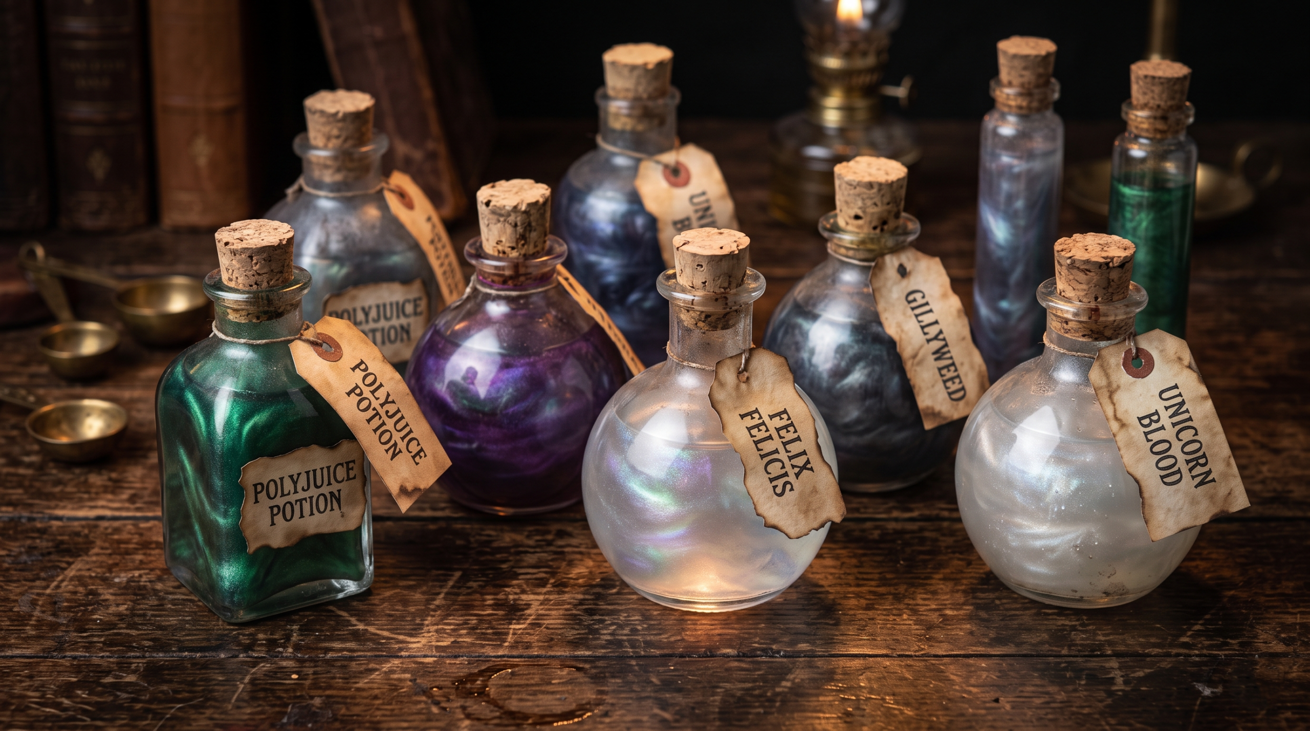 Detailed DIY Hogwarts potions bottles with labels for party decor.