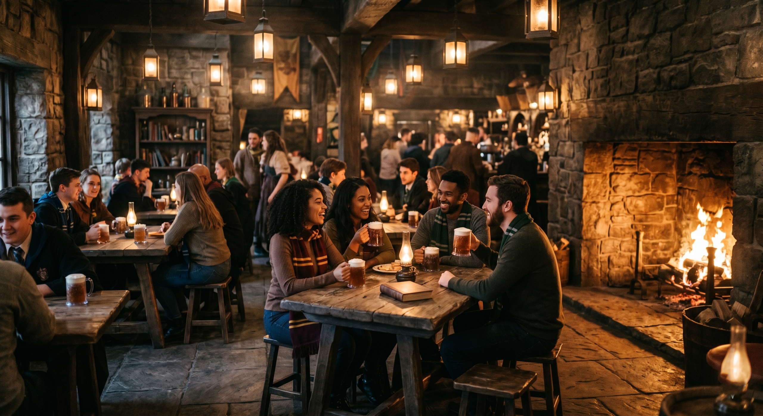 A cozy, lantern-lit interior of the Three Broomsticks inn in Hogsmeade with a roaring fireplace.