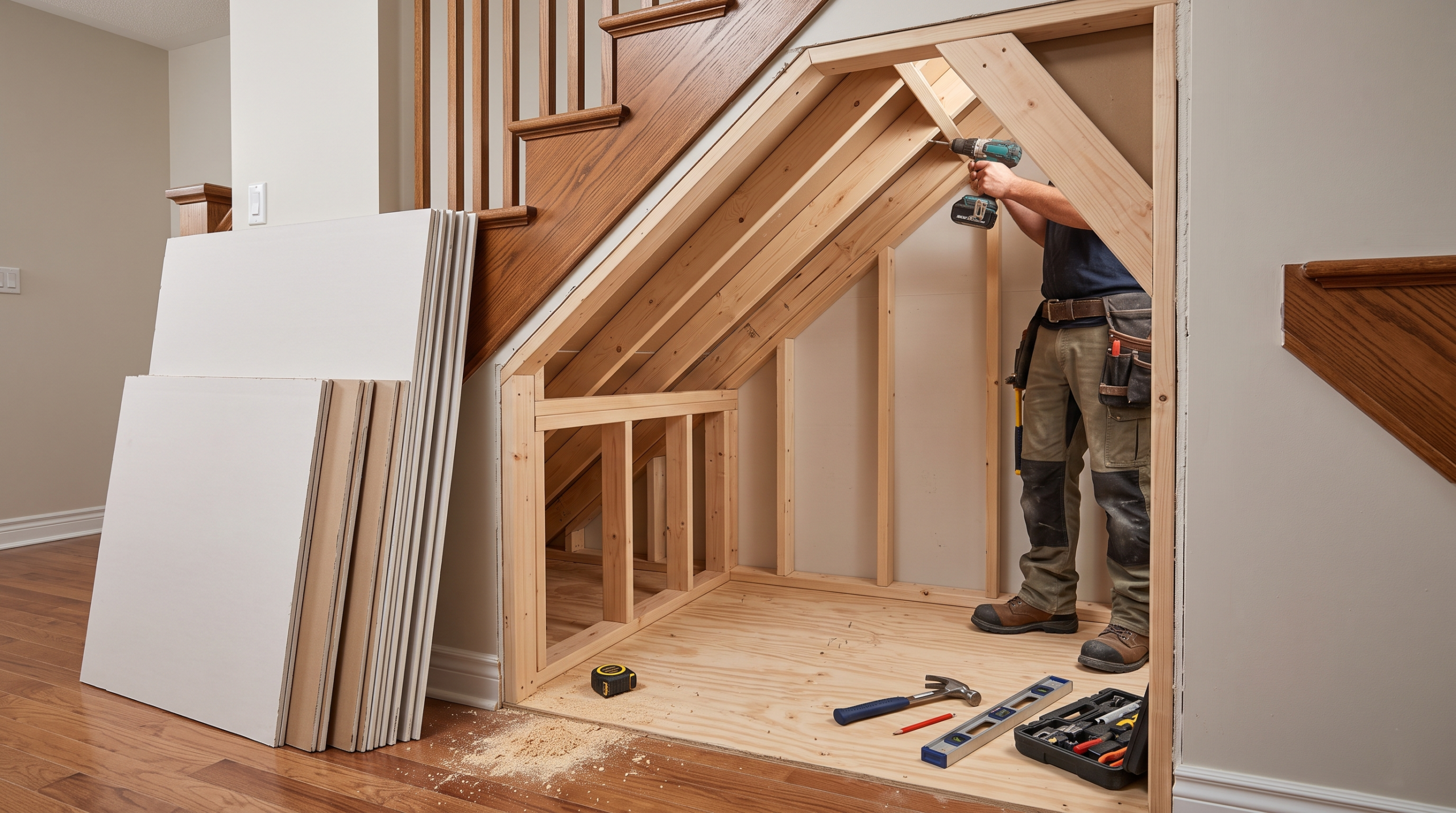 Close-up of construction framing on the sloped ceiling of a custom-built Harry Potter bedroom located under a staircase.
