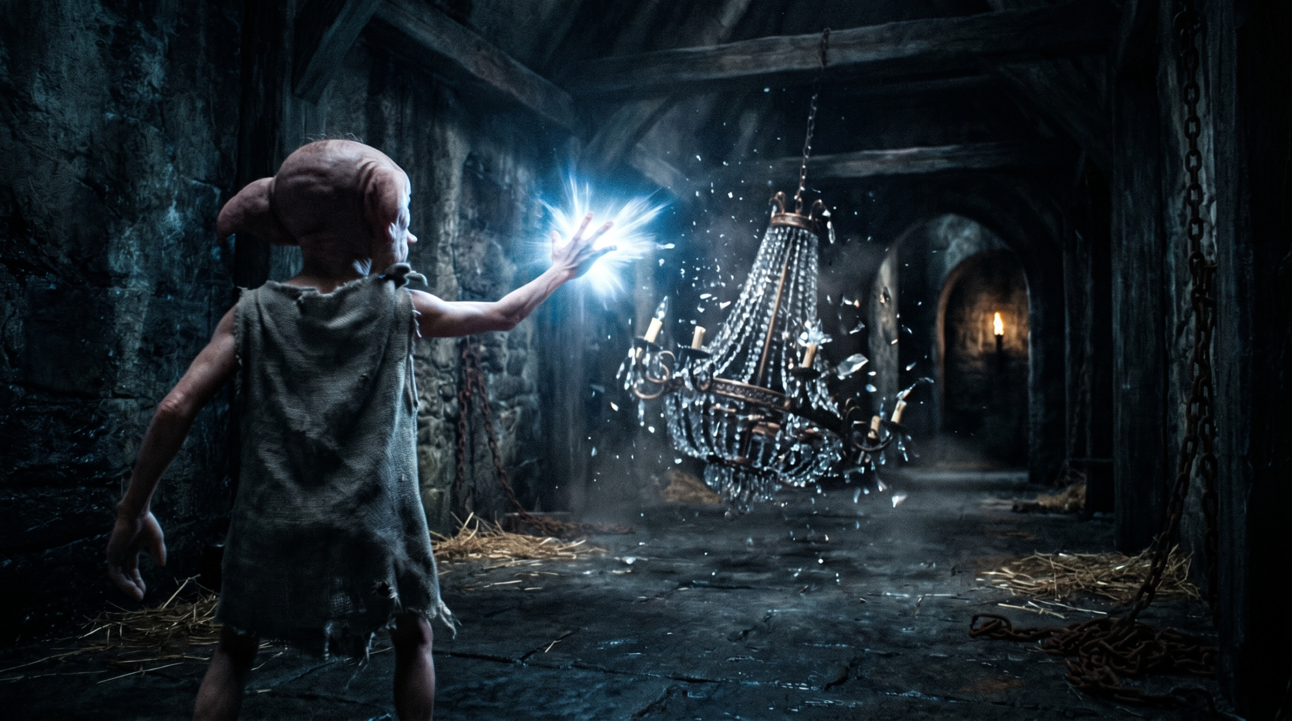 Dobby using non-wand magic to drop a chandelier to save his friends at Malfoy Manor.