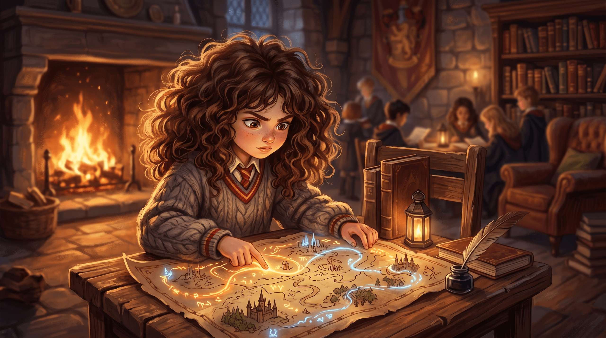 Fantasy concept art of a book-accurate young Hermione Granger with bushy hair studying by a fireplace.
