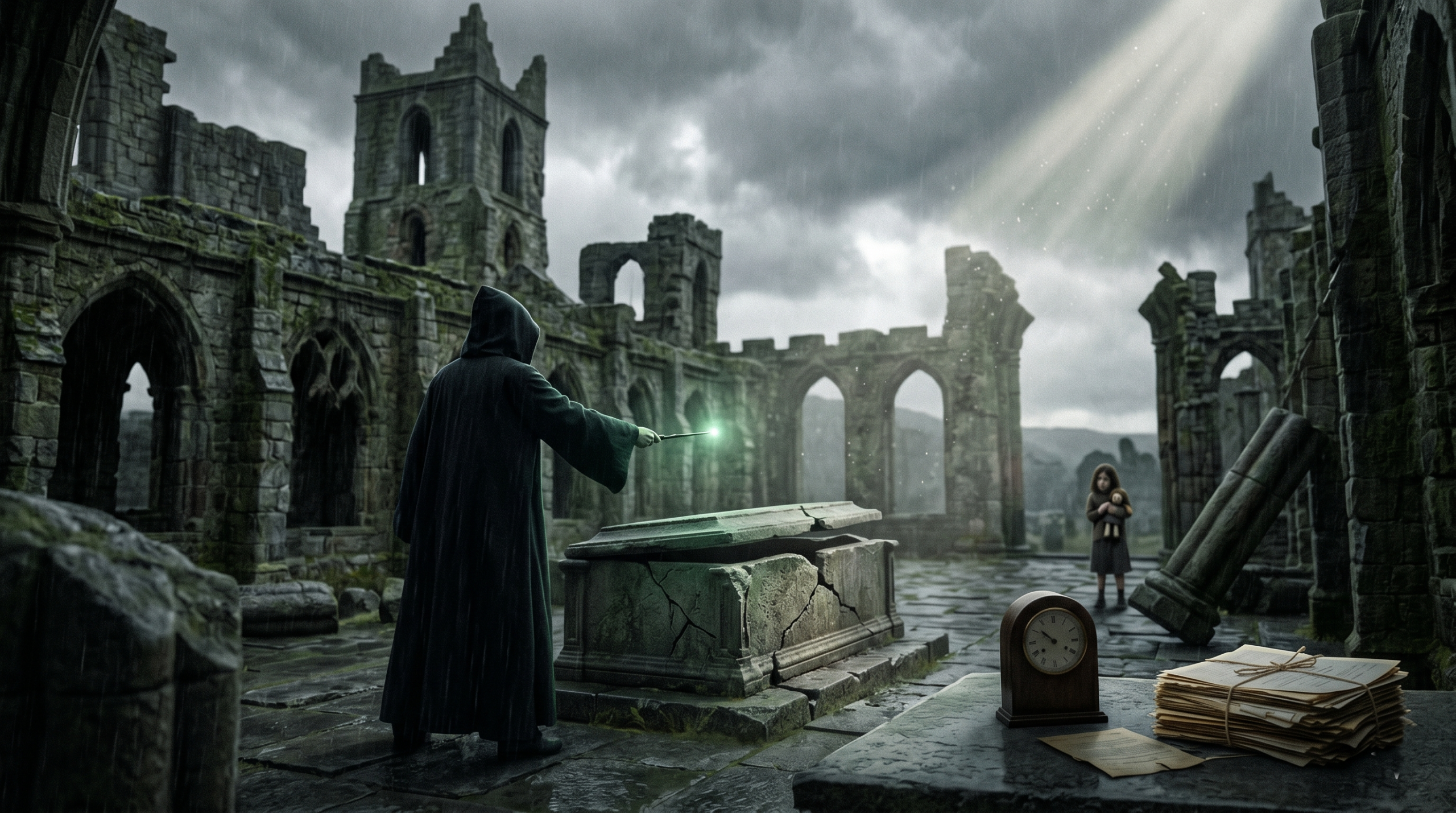 Dramatic scene in a wizarding world ruin symbolizing the varied nature of evil, dark magic, and mundane cruelty.