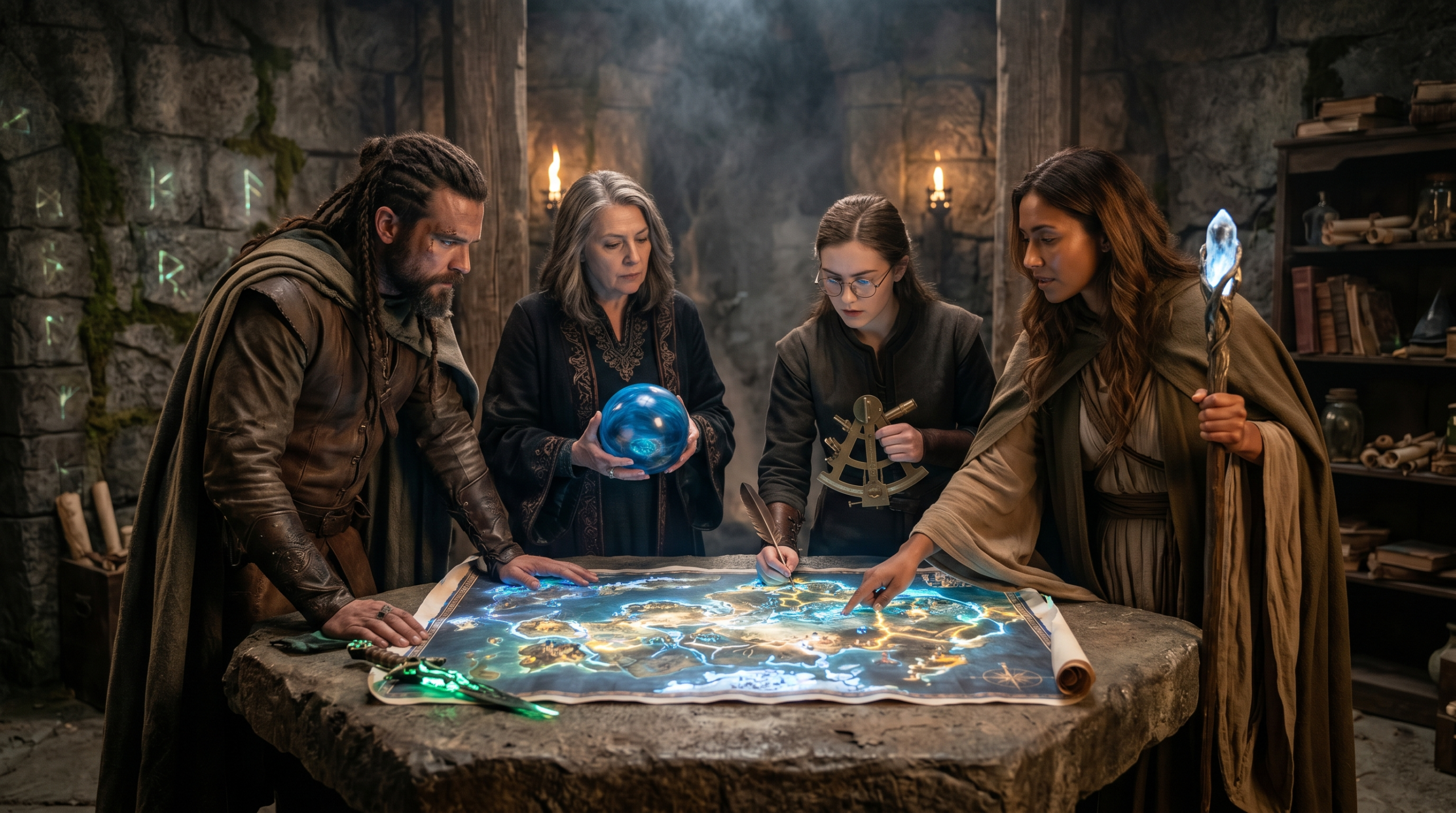 A diverse group of adult magicians collaborating around a magic map, representing found family in fantasy.