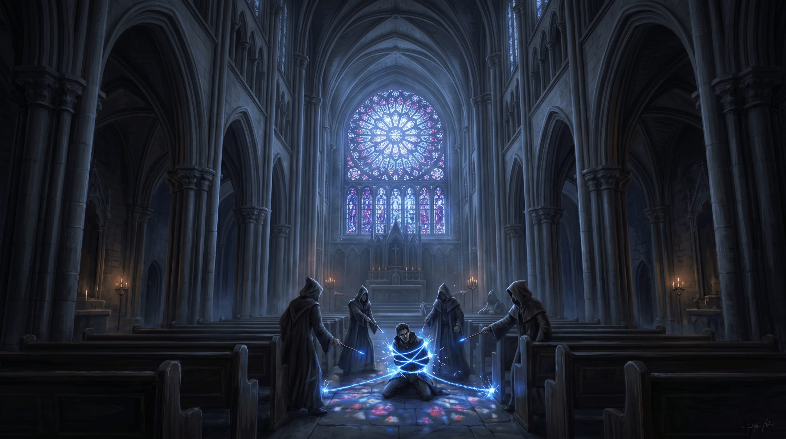 St. Jerome’s Church interior at night showing the Rose Window during the duel against Delphini