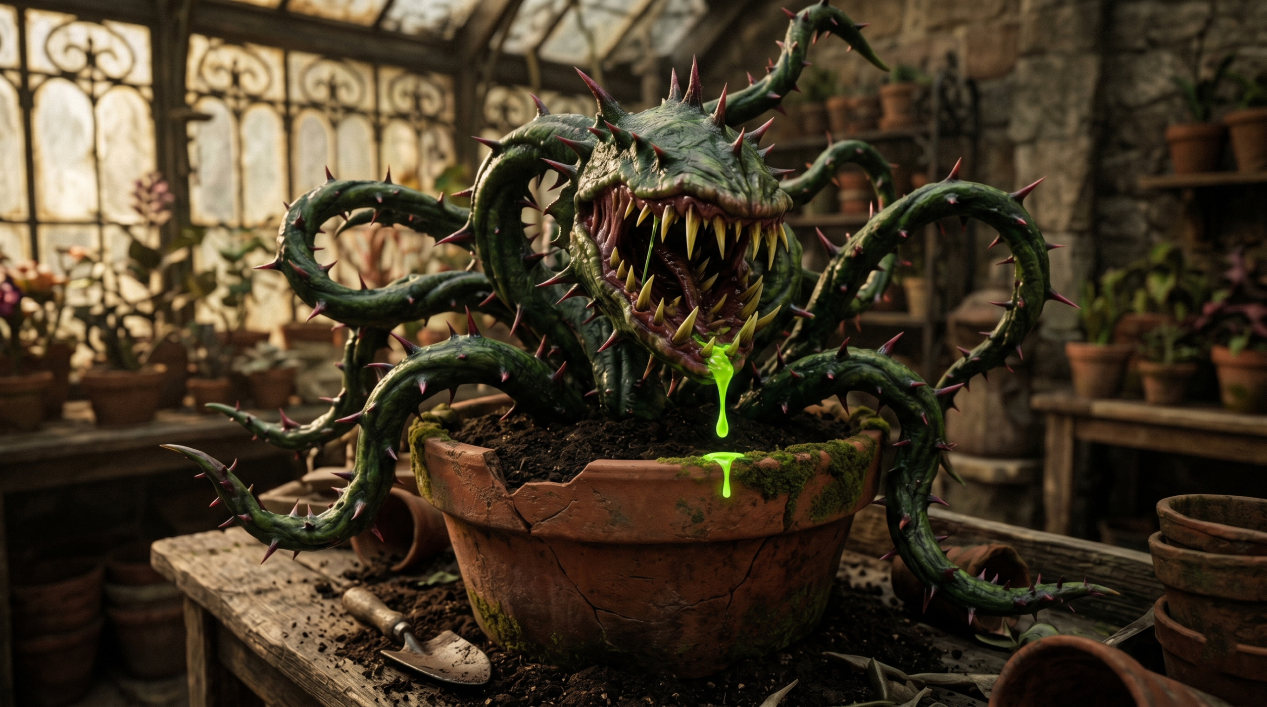 A detailed close-up of a mature Venomous Tentacula magical plant from Hogwarts Legacy in a greenhouse, showing spiky vines and open mouth.