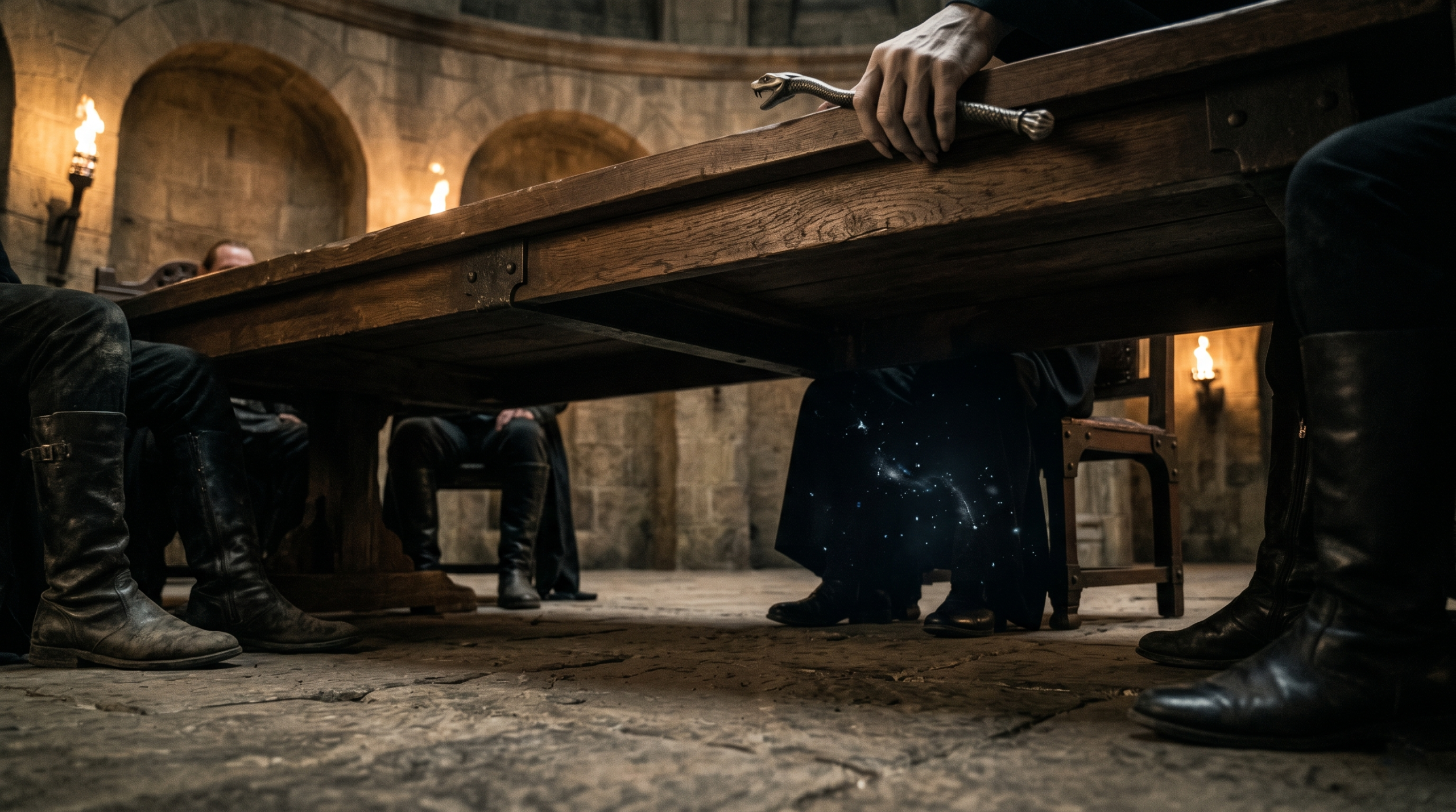 Tense low-angle perspective shot of a Death Eater meeting, focusing on Voldemort's hand while secret magical particles are hidden in the shadows near Severus Snape.