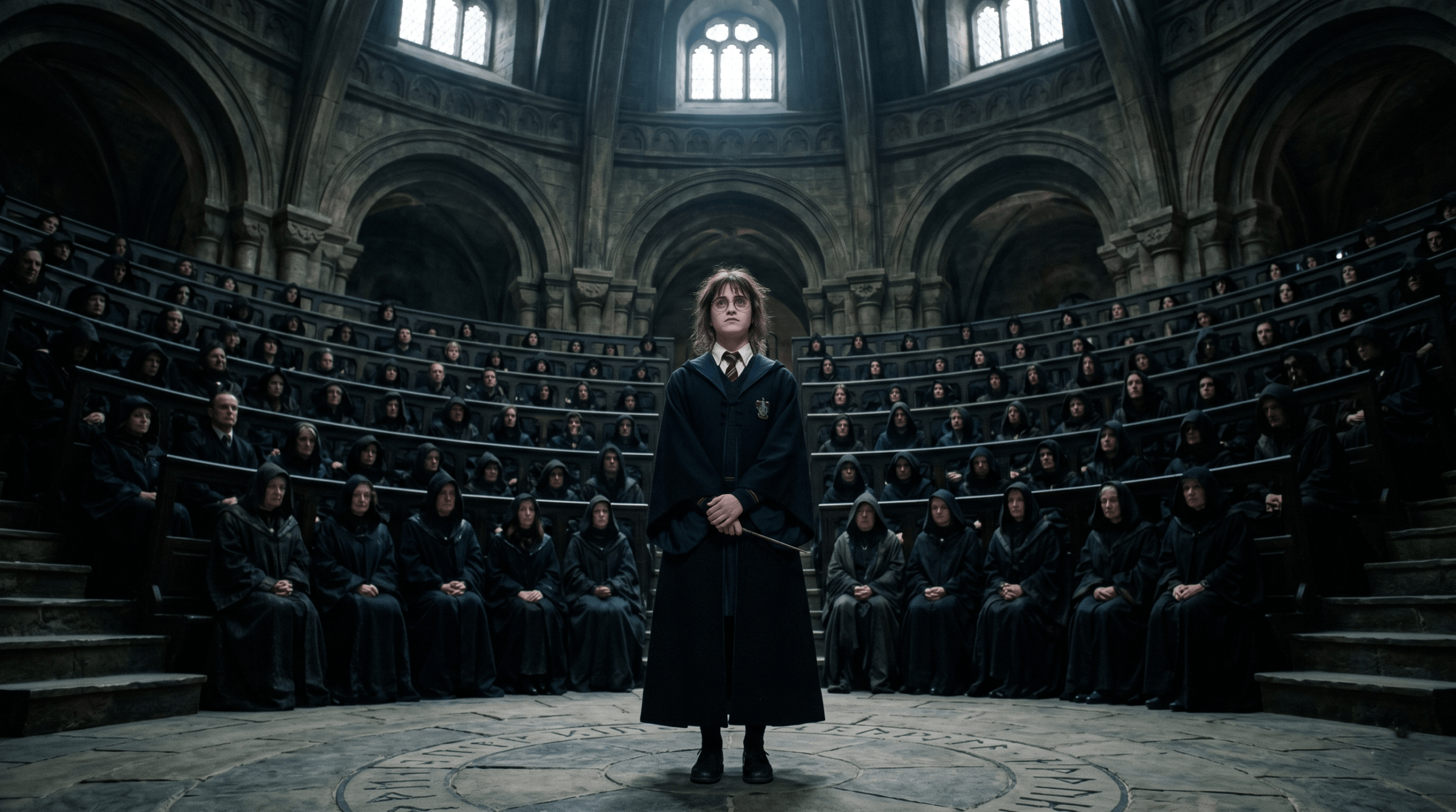 Female Harry Potter high fantasy fanfiction depiction of a witch standing before the Wizengamot in the Ministry of Magic.