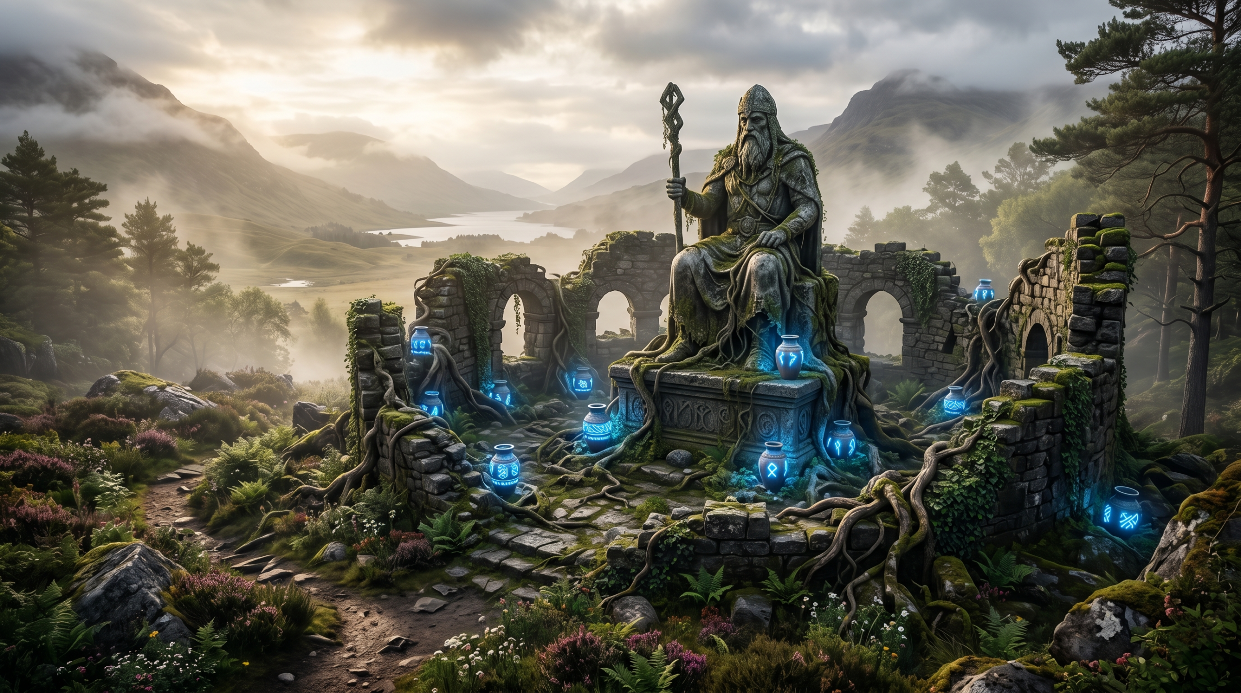 Glowing magical vases surrounding a stone statue used to unlock a Hogwarts Legacy Battle Arena.